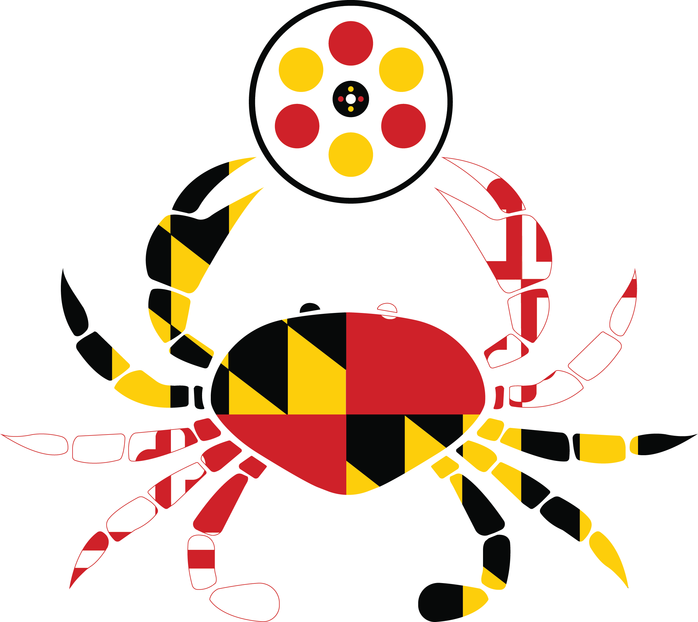 A cartoon crab with a body and claws decorated with the Maryland state flag pattern, featuring red, black, yellow, and white colors and various geometric shapes.