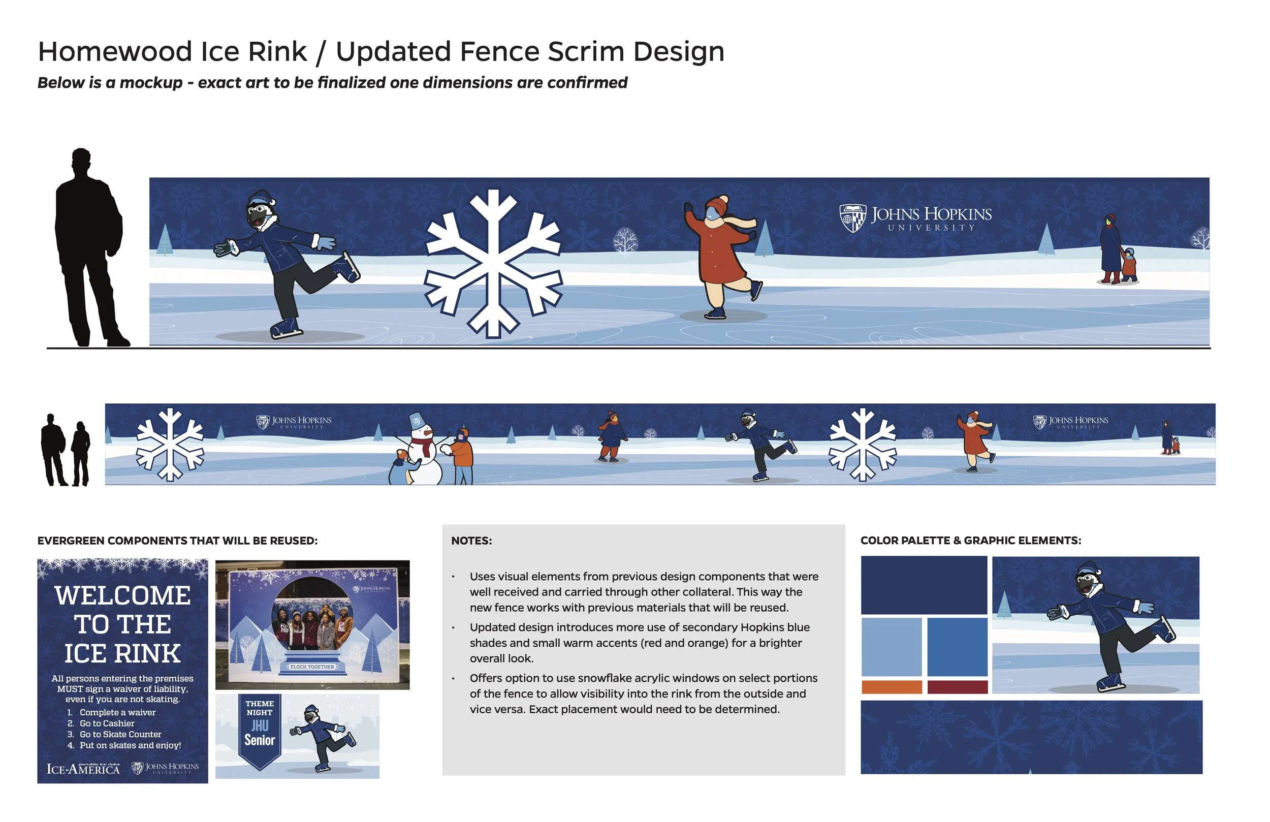 Design mockup for an ice rink fencing with winter and holiday themed graphics, including ice skaters, snowflakes, and a snowman, featuring John Hopkins University branding.