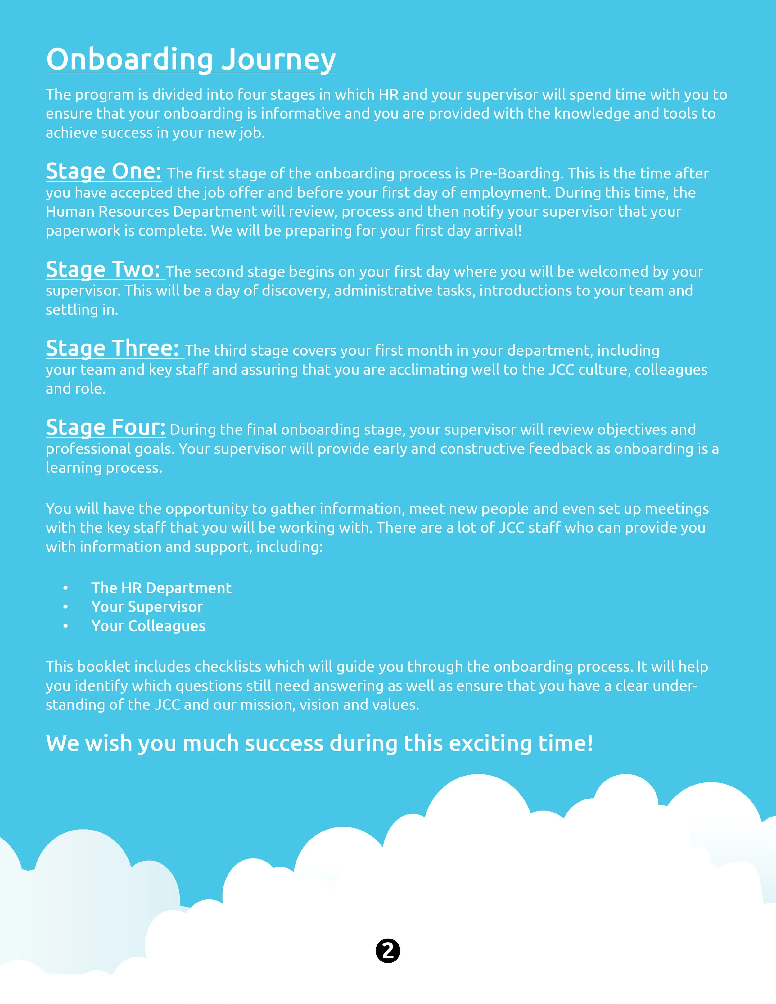 Blue onboarding journey informational flyer with white cloud illustrations at the bottom, describing four stages of onboarding process for new employees, including Pre-Boarding, First Day, First Month, and Final Onboarding, with detailed descriptions