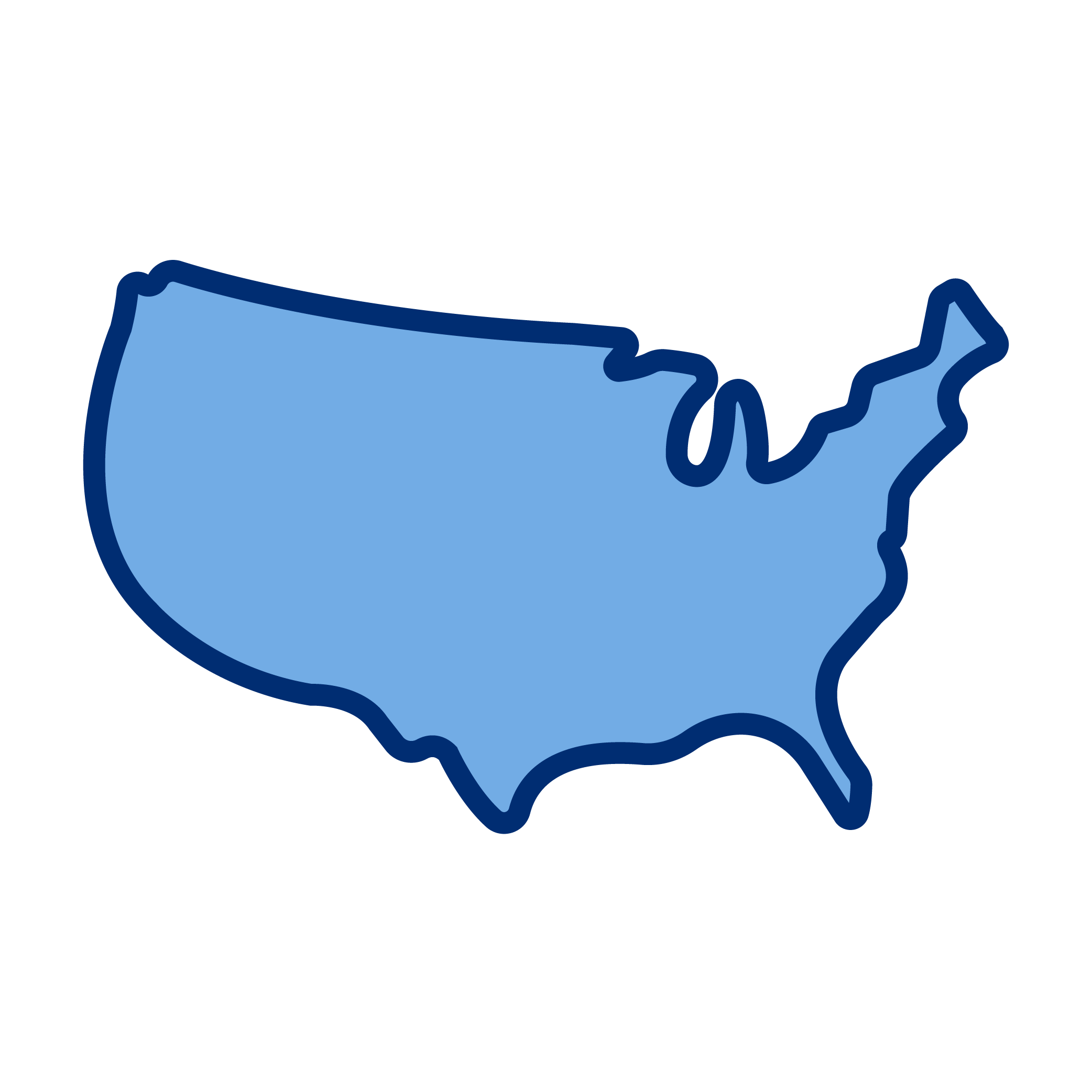 Illustration of the United States map filled with light blue color, outlined in dark blue.