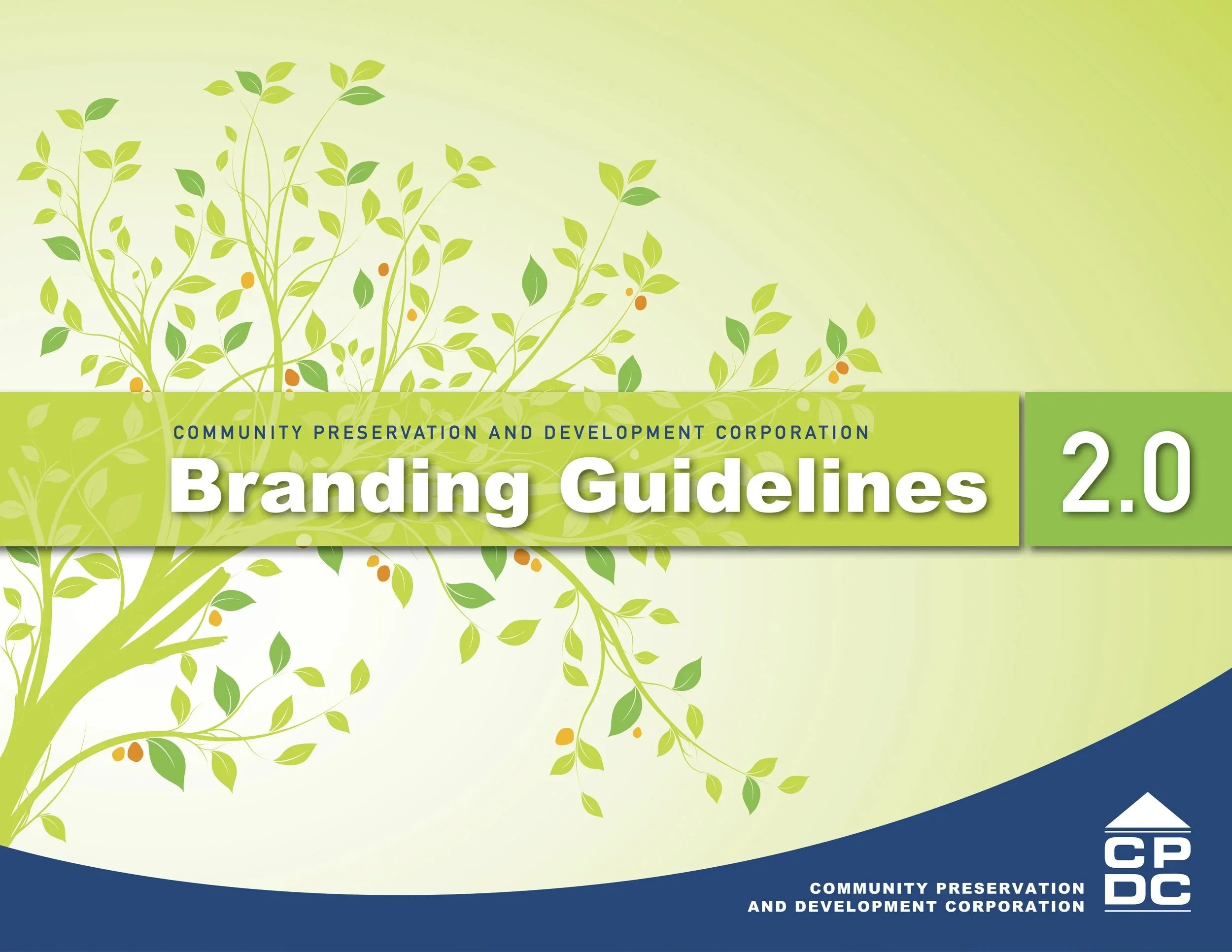 Cover page of the branding guidelines document for Community Preservation and Development Corporation, featuring a large green tree with orange fruits, green and yellow background, and blue section at the bottom with the CDC logo.
