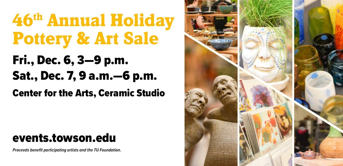 Poster advertising the 46th Annual Holiday Pottery & Art Sale with event details and collage of ceramic art and pottery images.