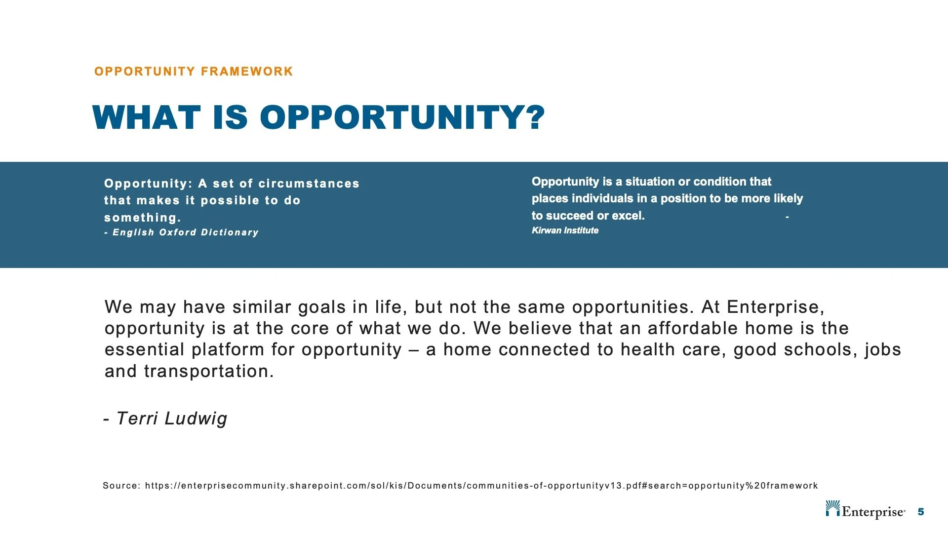 A slide from a presentation about opportunity highlights definitions from Oxford Dictionary and Kirwan Institute, and discusses how opportunity aligns with goals such as health care, education, jobs, and transportation, with a focus on affordable hou