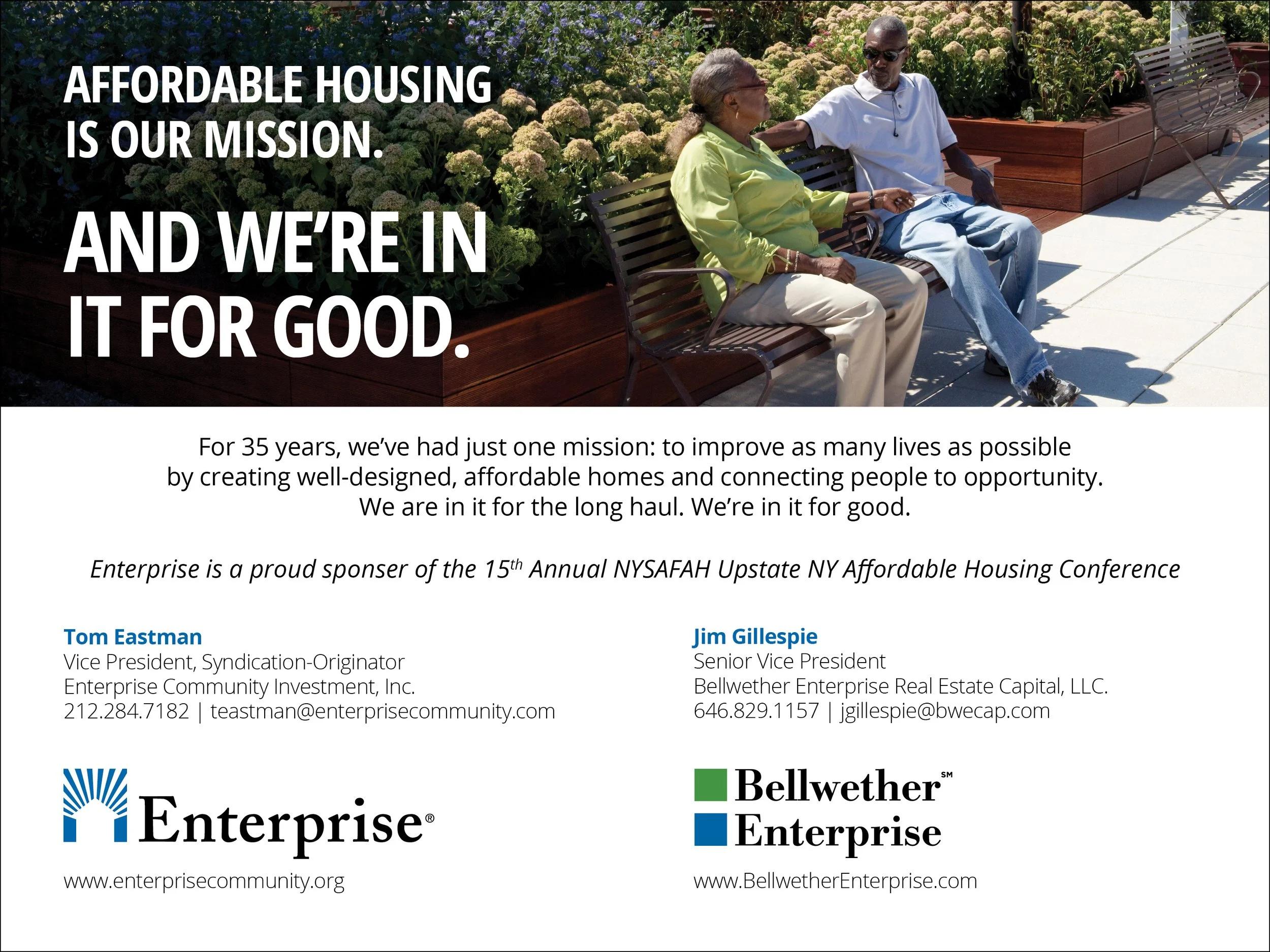 People sitting on benches outdoors with a background of greenery and flowers, participating in a community event or gathering, with overlaid text promoting affordable housing and featuring contact information for Enterprise and Bellwether Enterprise.