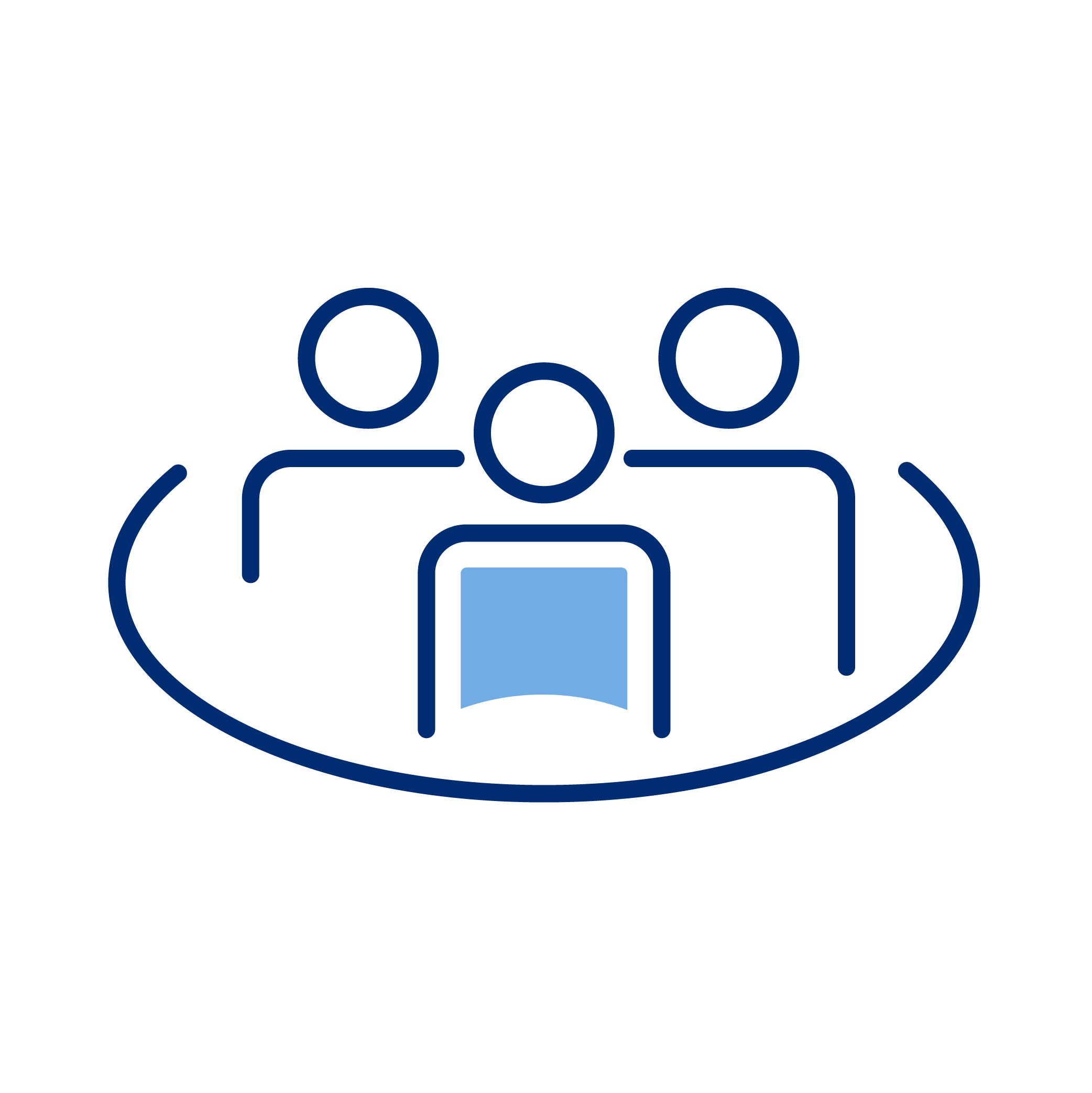 Line drawing of three people encircling one person with a laptop in front of them.