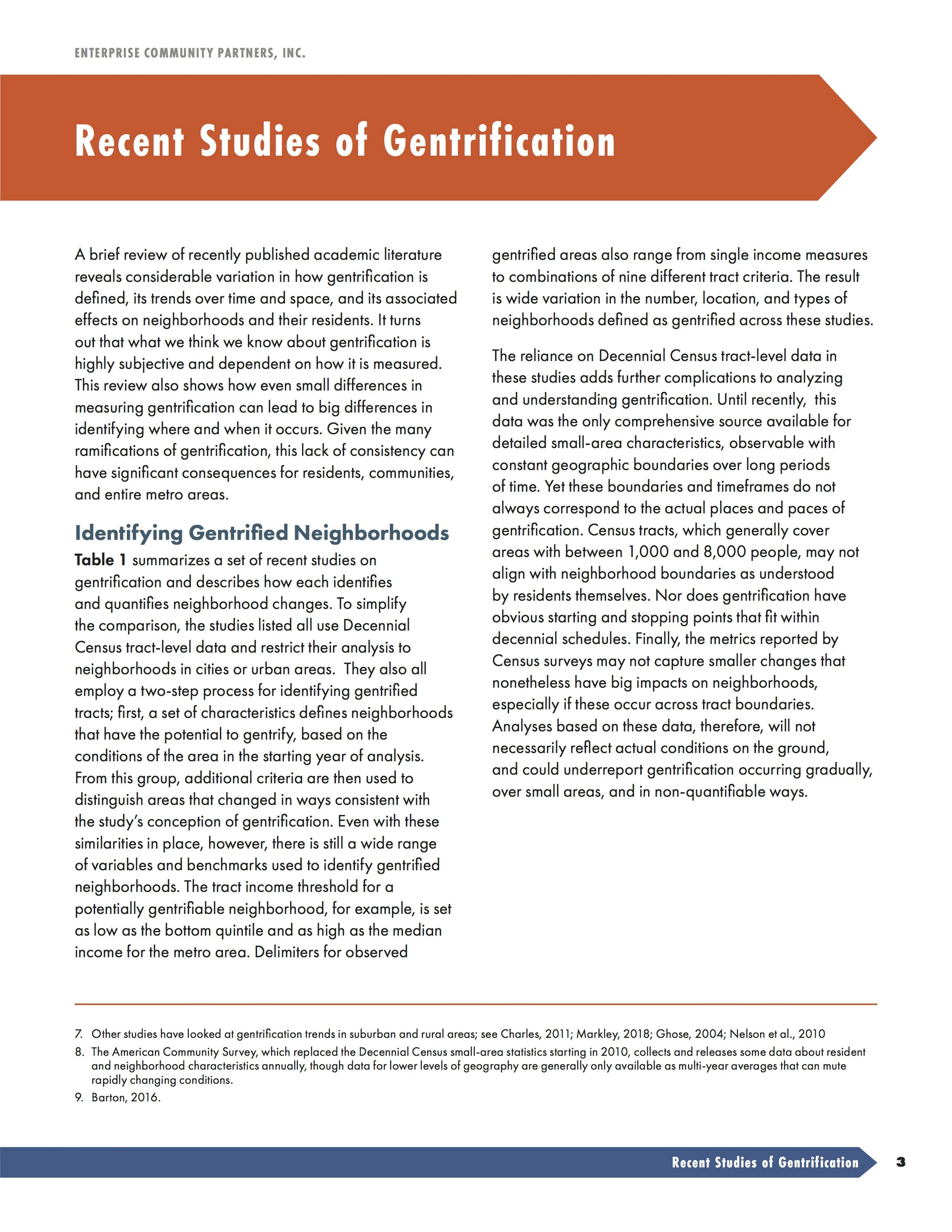 Page from a report titled 'Recent Studies of Gentrification' with text discussing academic studies on gentrification, neighborhoods, and census data, along with a styled orange header and blue footer.