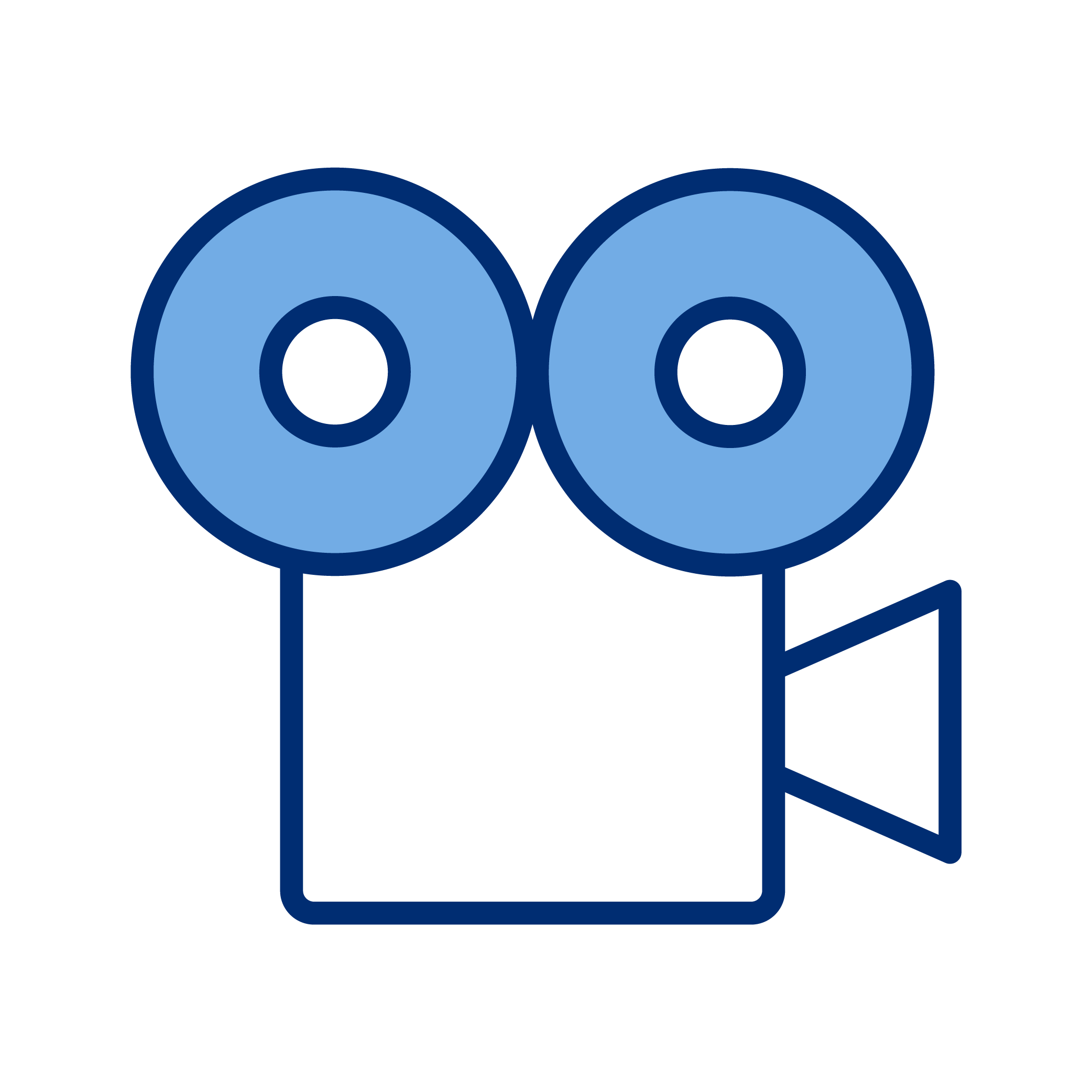 Simple illustration of an old-fashioned film camera with two large blue reels and a small viewfinder, outlined in dark blue.