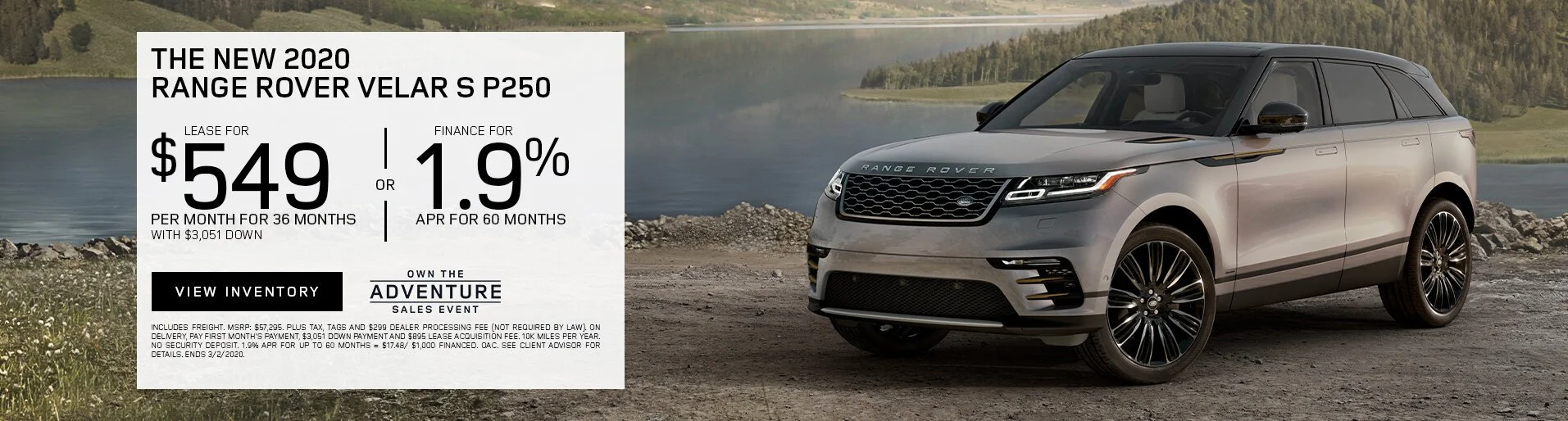 A silver Range Rover Velar S P250 parked by a lakeside with hills and trees in the background, along with an advertisement for leasing and financing offers.