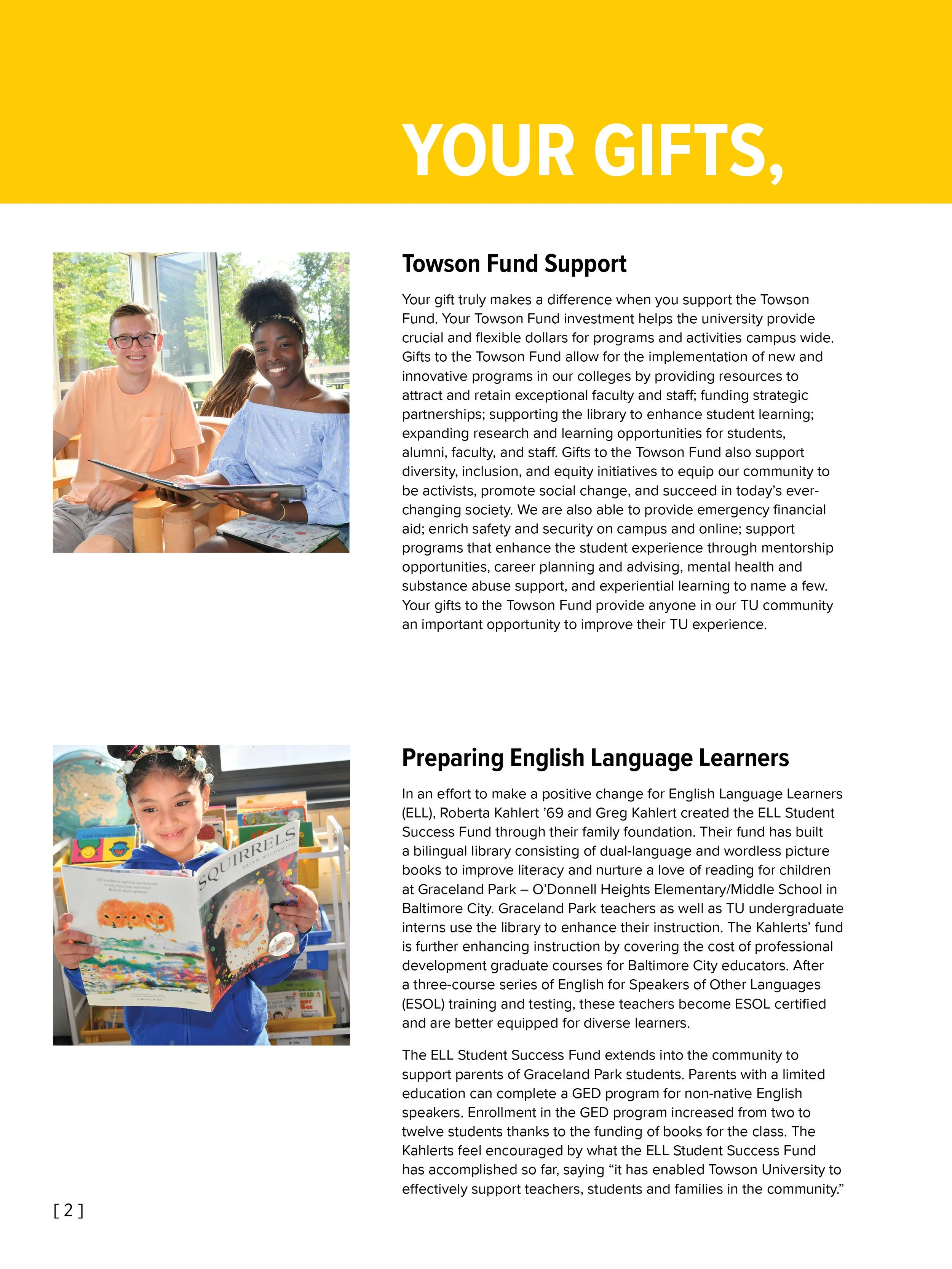 Two digital posters showcasing charitable programs, with photographs of smiling children and descriptive text about their impact.