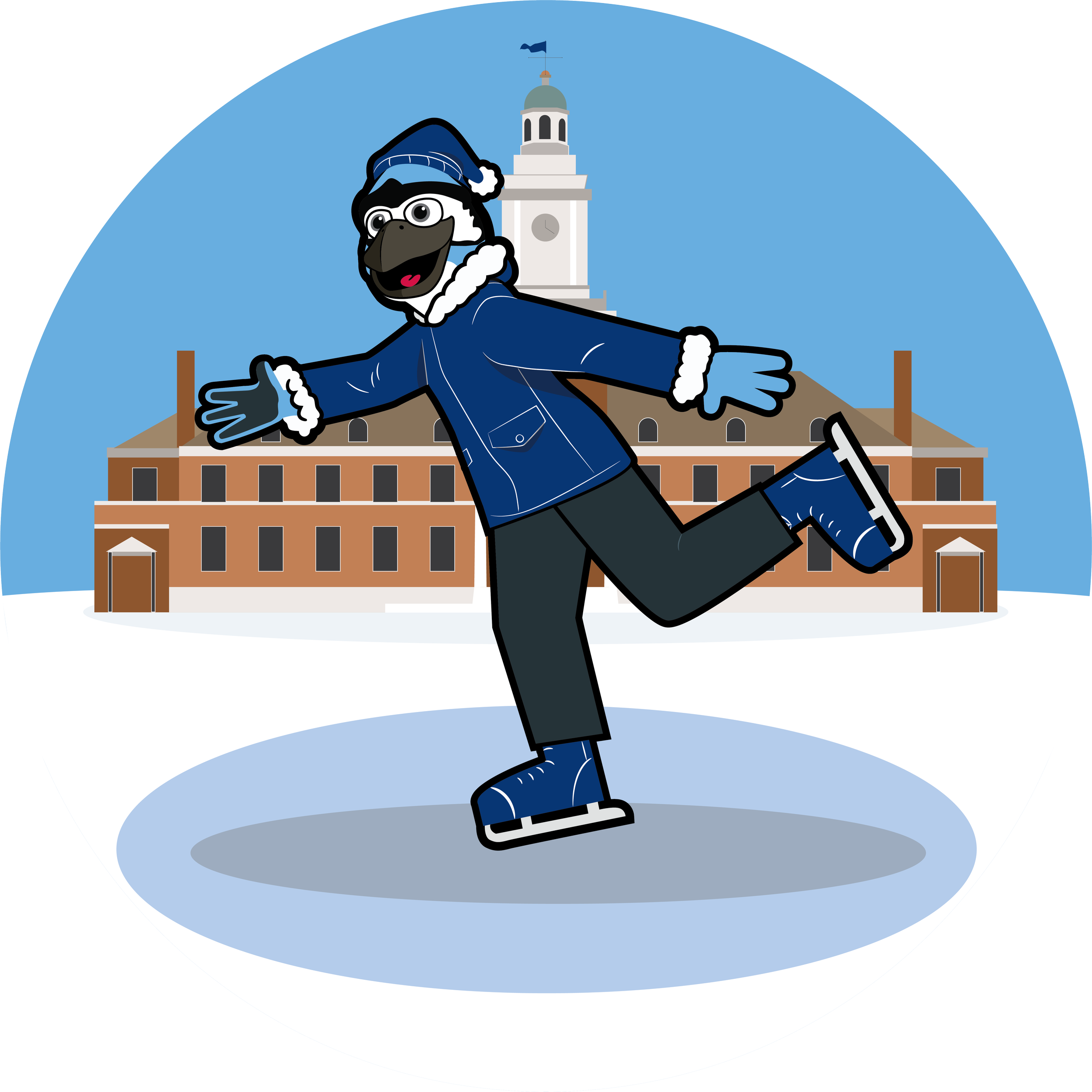 A cartoon dog wearing winter clothing, ice skating on a rink with a snowy background and a historic building with a clock tower in the distance.