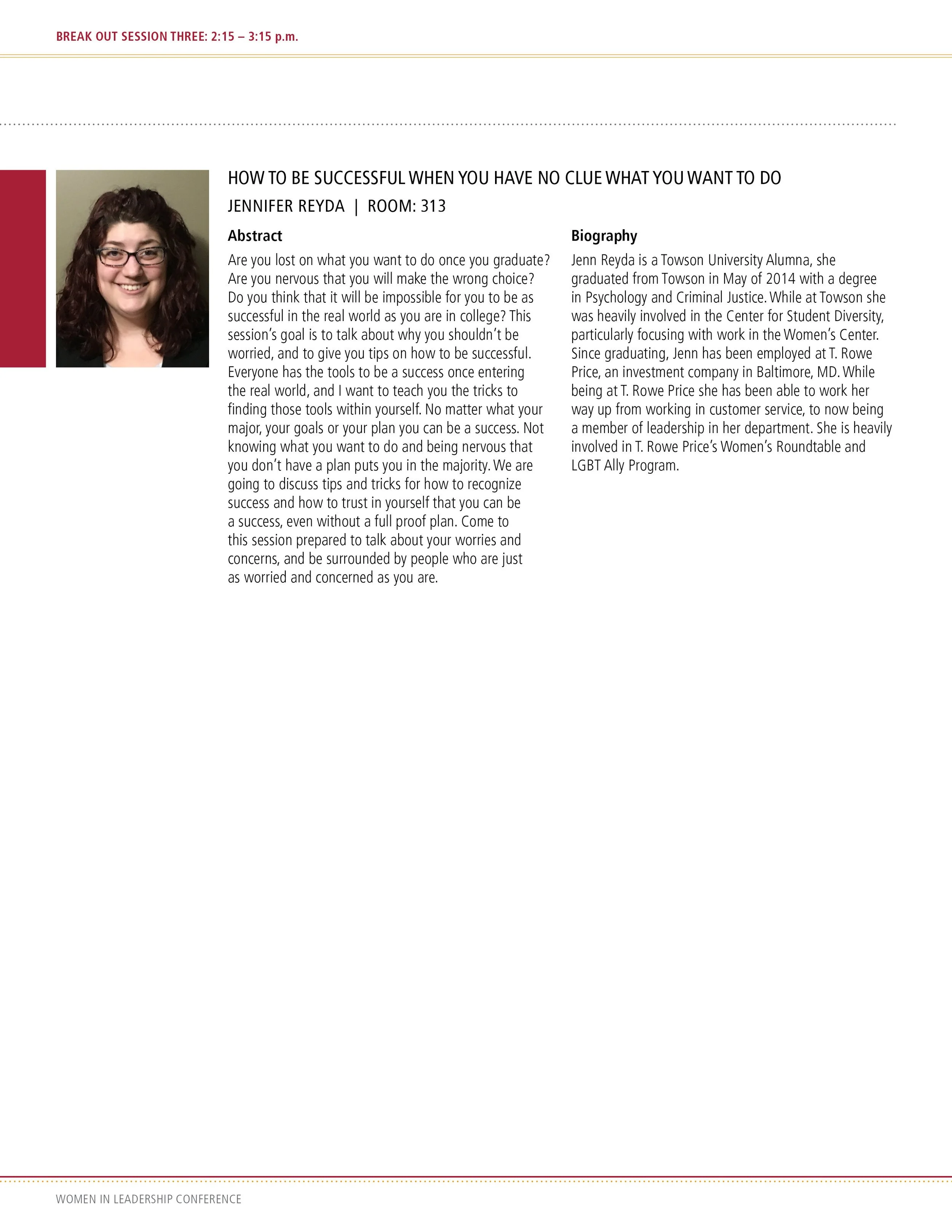 Conference presentation slide with a photo of a woman with curly hair and glasses. The slide includes the session title, speaker name, room number, an abstract about success tips for students, and a biography of Jennifer Reyda.