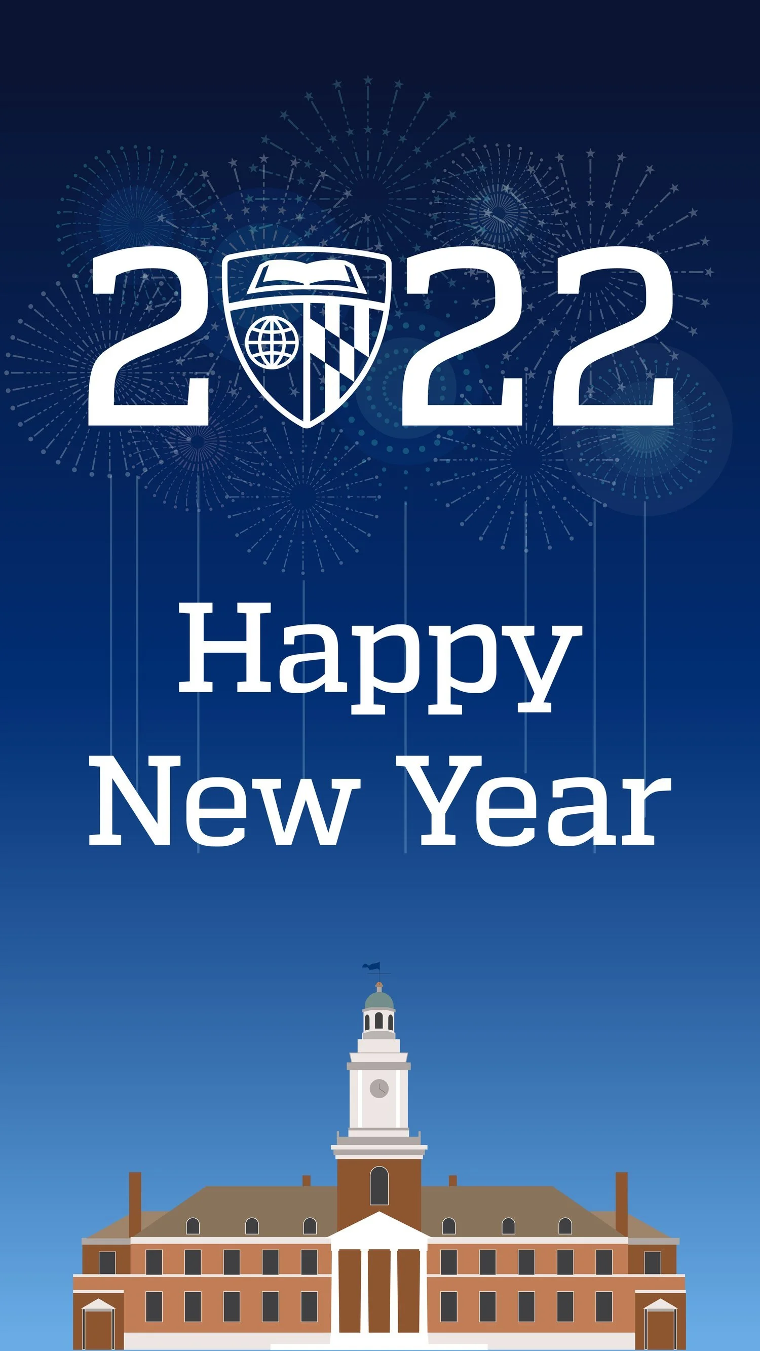 A New Year's greeting image with large '2022' text, a crest or emblem in place of the second '0', surrounded by fireworks and a silhouette of a historic building with a clock tower at the bottom.