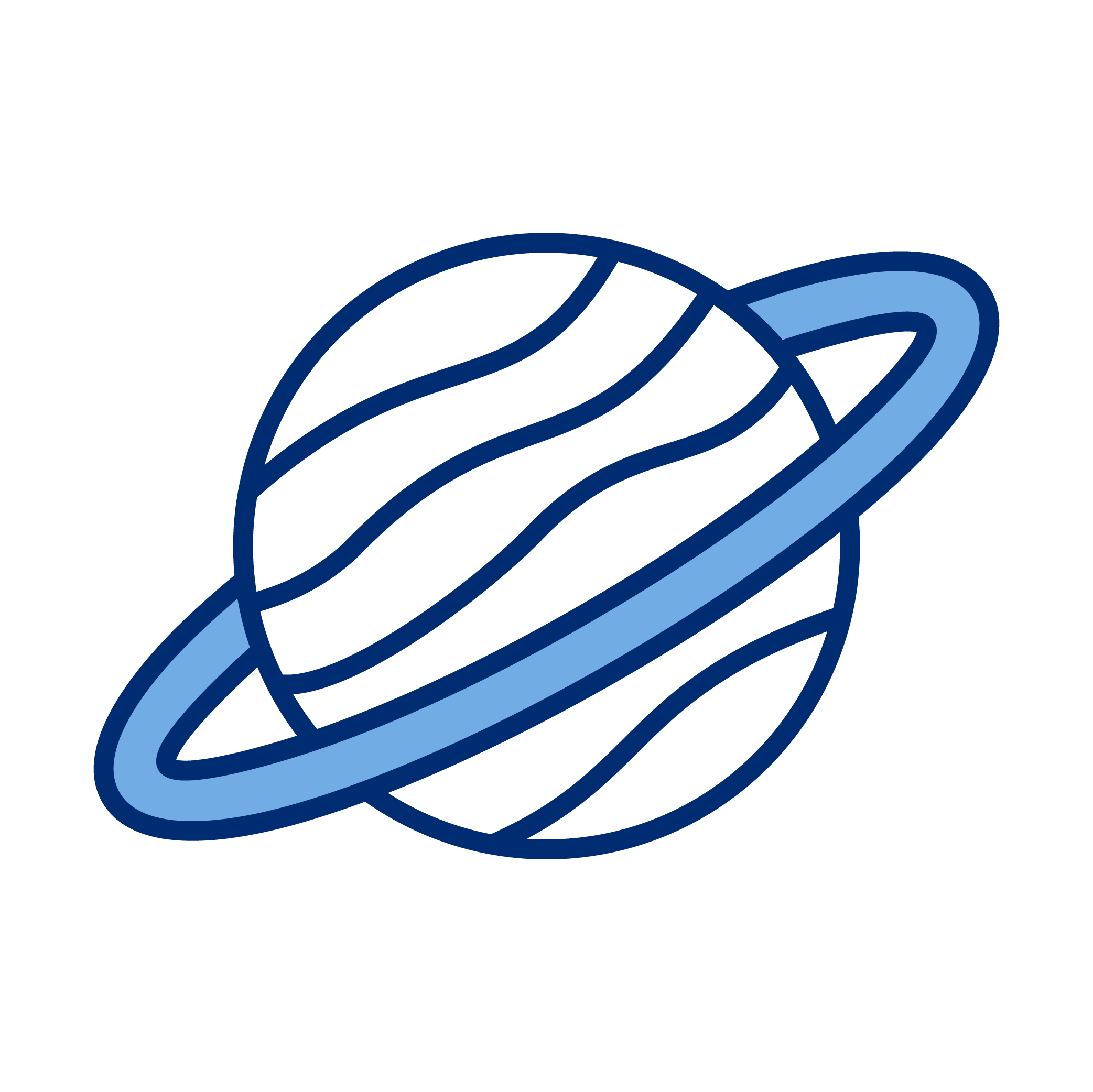 Digital illustration of a planet with rings, resembling Saturn, with dark blue outlines and light blue accents on a black background.