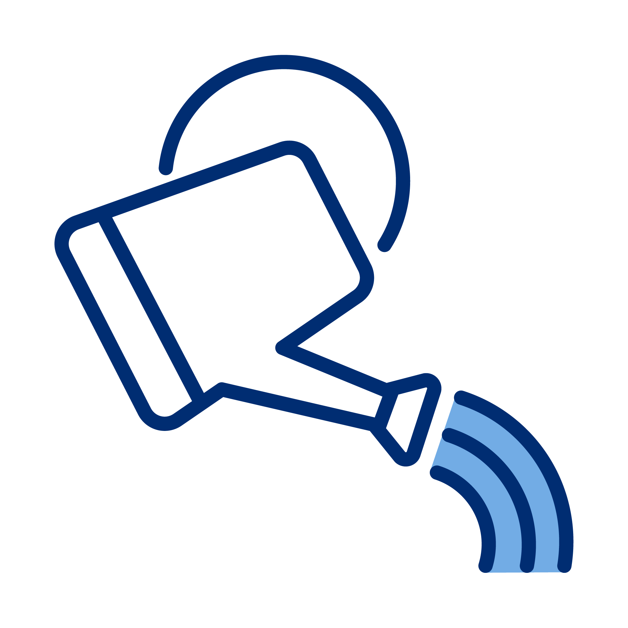 Neon sign of a watering can pouring water depicted with blue outline and light blue water splashes on a black background.