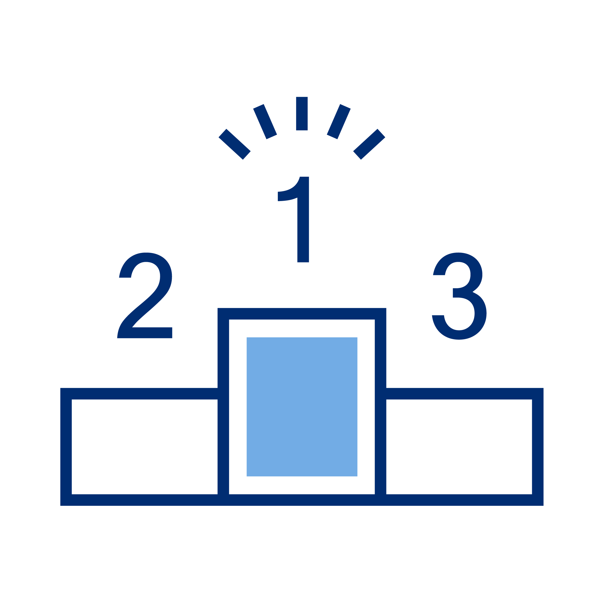 A blue and black line drawing of a winners' podium with three steps, labeled 1, 2, and 3, with the number 1 step highlighted at the top center and a clock above it.