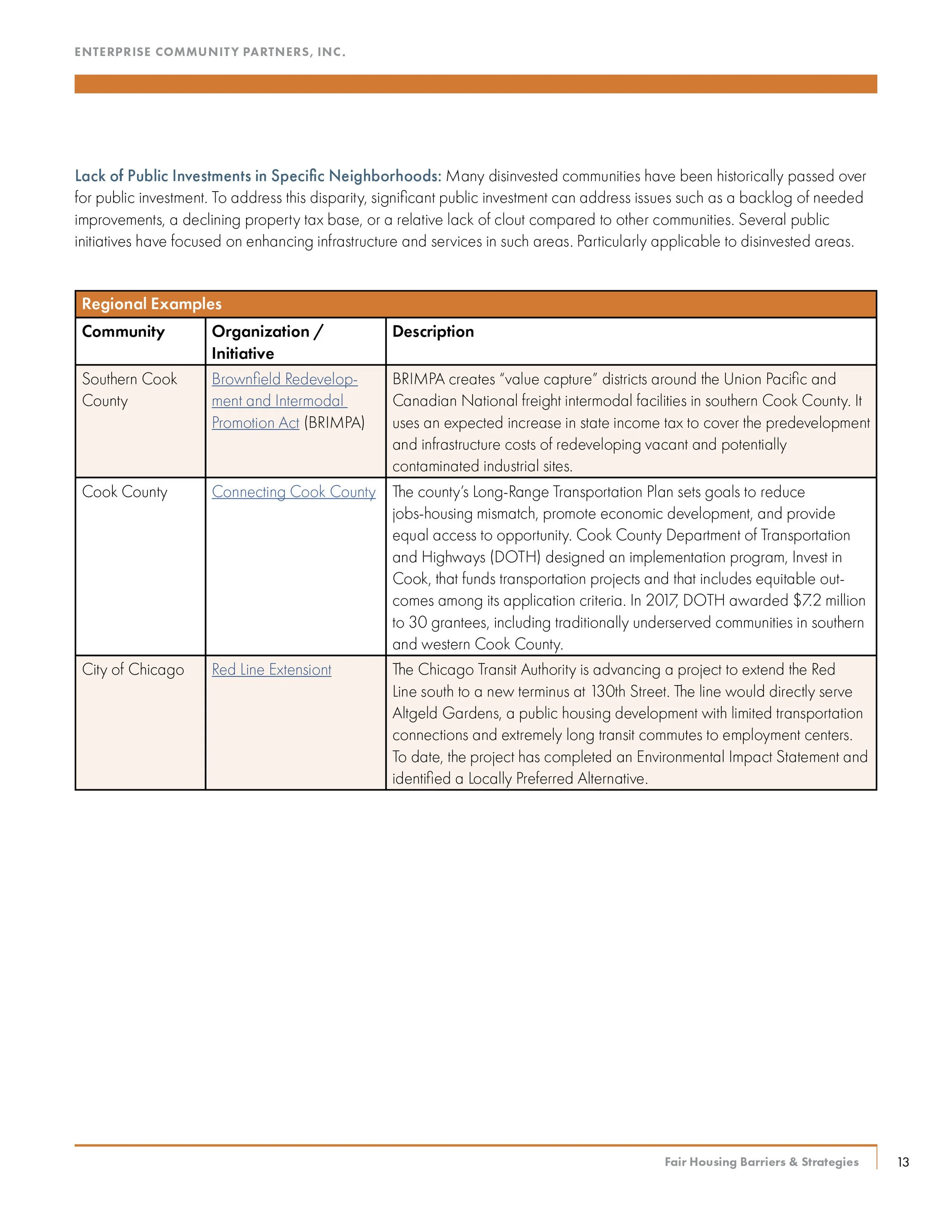 A page from a report titled 'Enterprise Community Partners, Inc.' discussing lack of public investment in various neighborhoods, with a table listing communities, initiatives, and descriptions. The page number is 13.