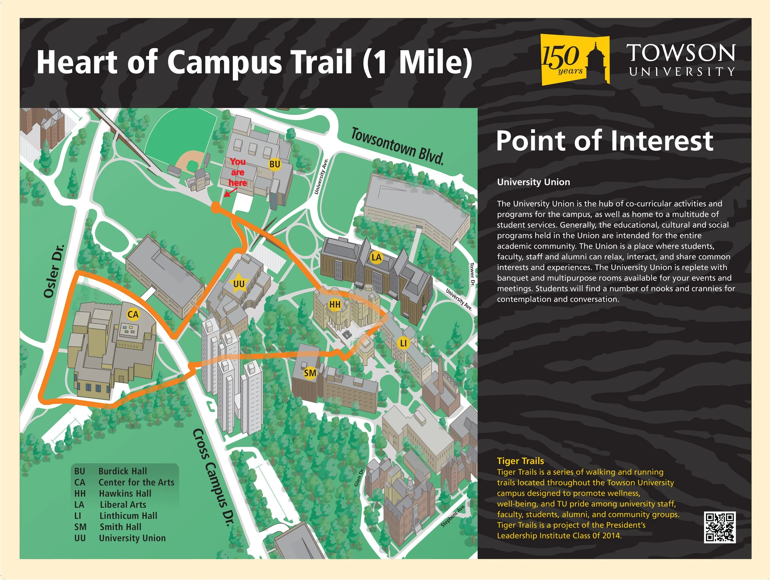 Map of Towson University campus with the Heart of Campus Trail highlighted in orange, showing various buildings and points of interest, including Burdick Hall, Center for the Arts, Hawkins Hall, Liberal Arts, Linthicum Hall, Smith Hall, University Un