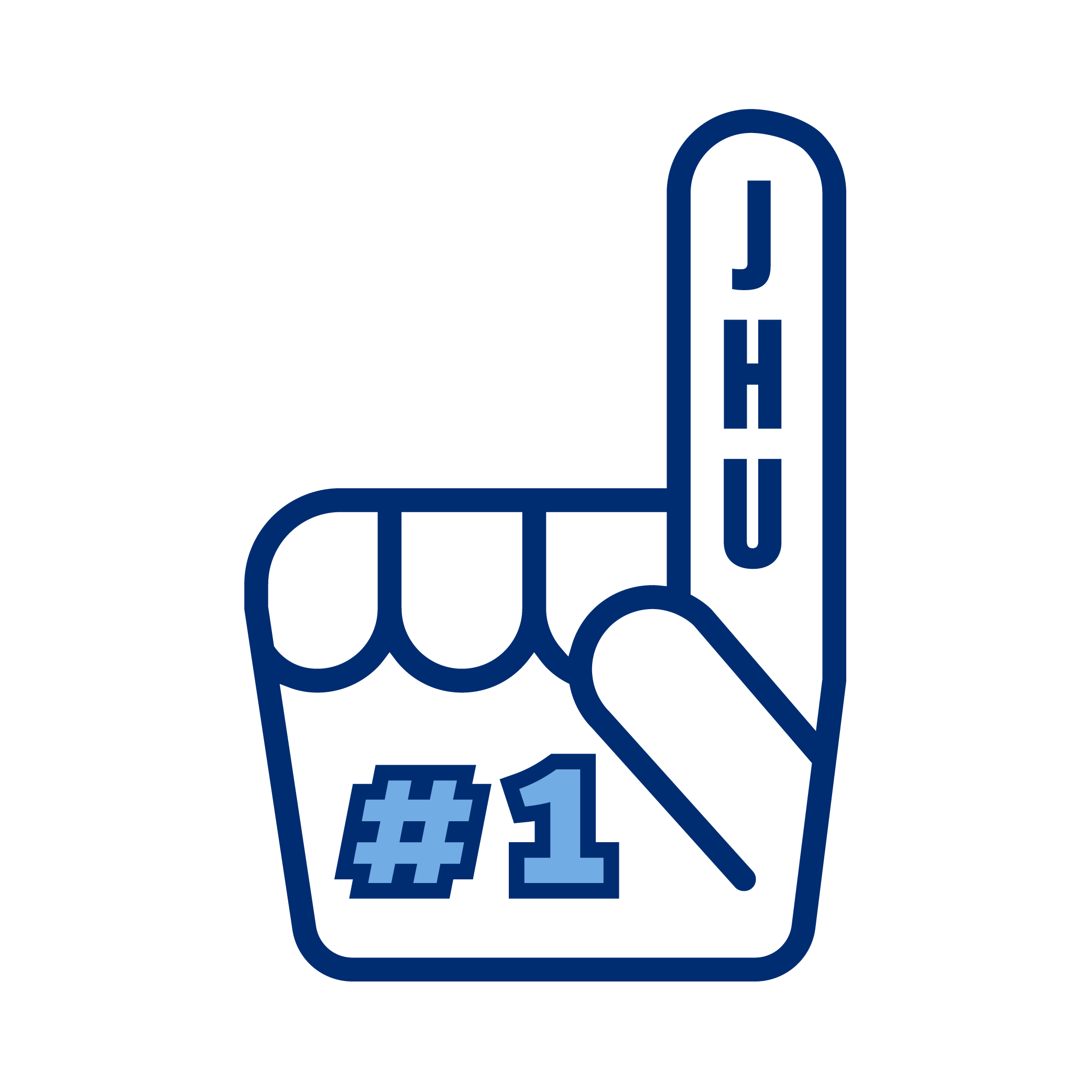Line art of a hand with the index finger extended, pointing upward, with the word 'JHU' written vertically on it. A hashtag #1 is on the palm.