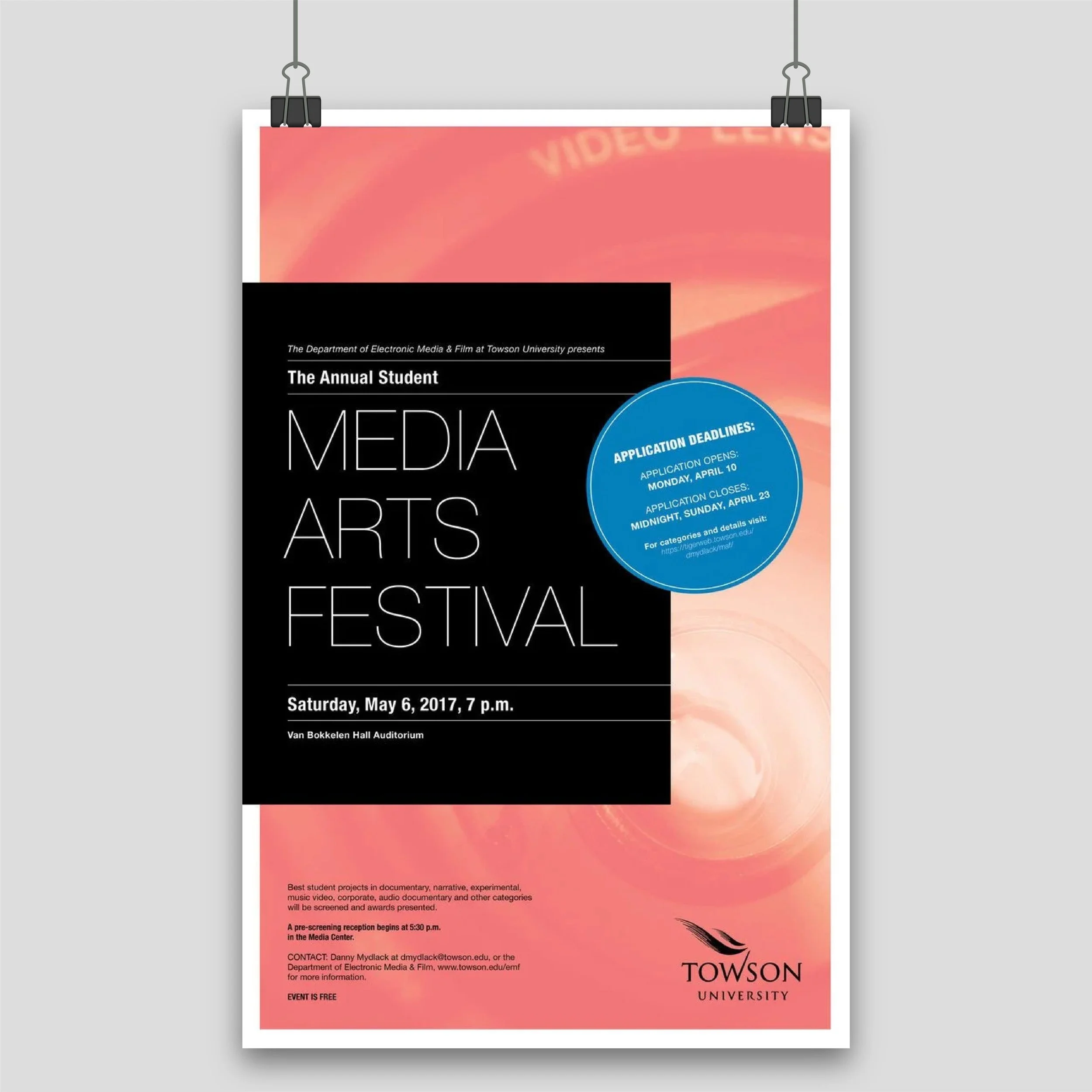 Poster for the Towson University Media Arts Festival, scheduled for May 6, 2017, at Van Bokkelen Hall Auditorium, with application deadlines in April, features a pink and orange swirling background with black and blue accents.