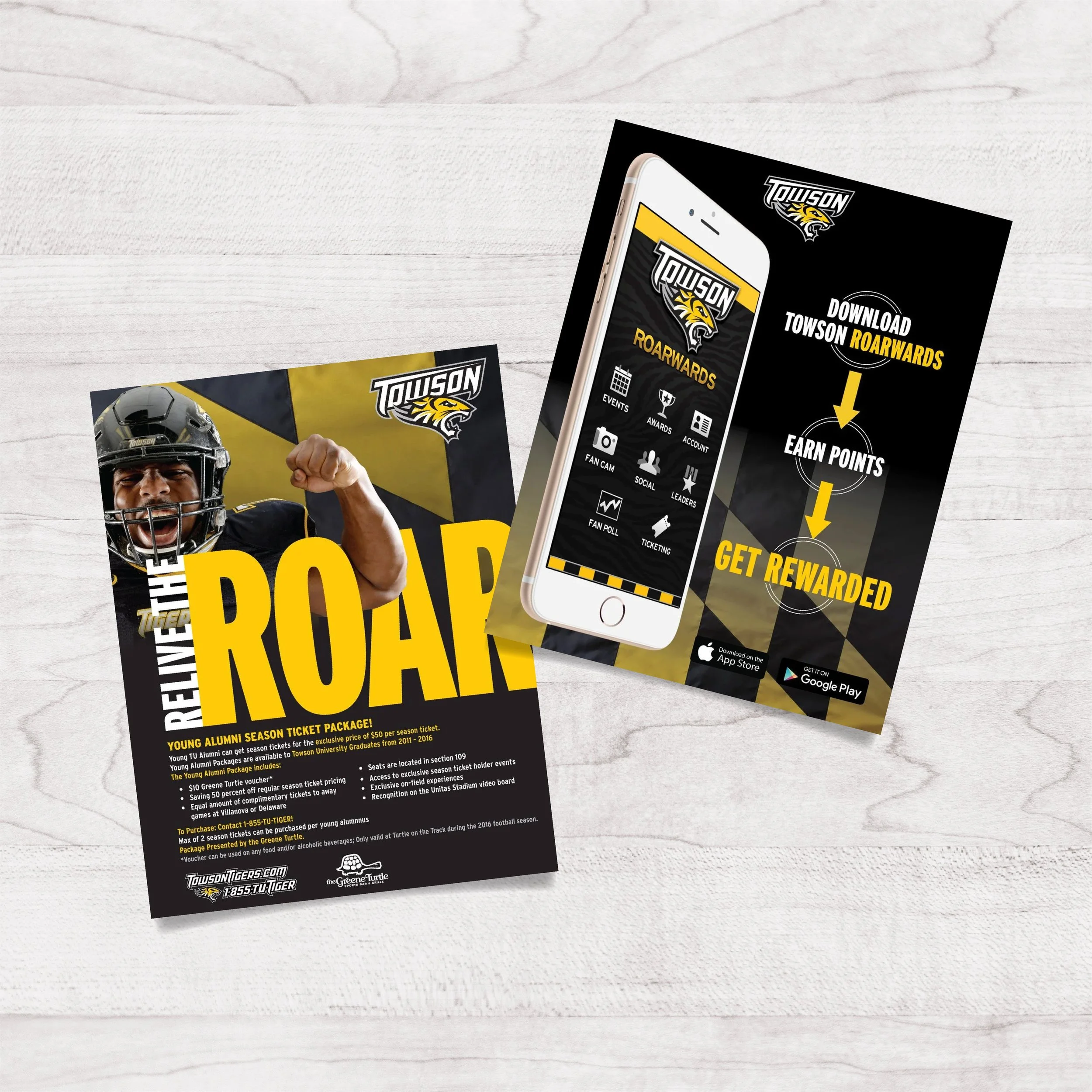 Flyers promoting Towson University's season ticket package and a mobile app for Towson Roarwards with instructions to download, earn points, and get rewards, featuring a football player in uniform and the Towson Tigers logo.