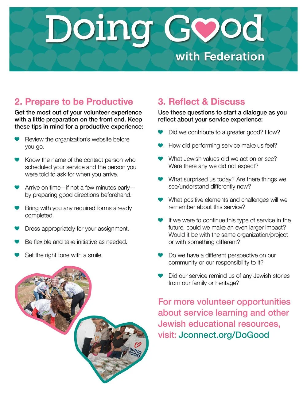 A webpage titled 'Doing Good with Federation' offering tips for volunteering, including preparation, reflection, and discussion questions, with images of people volunteering outdoors and at an event.