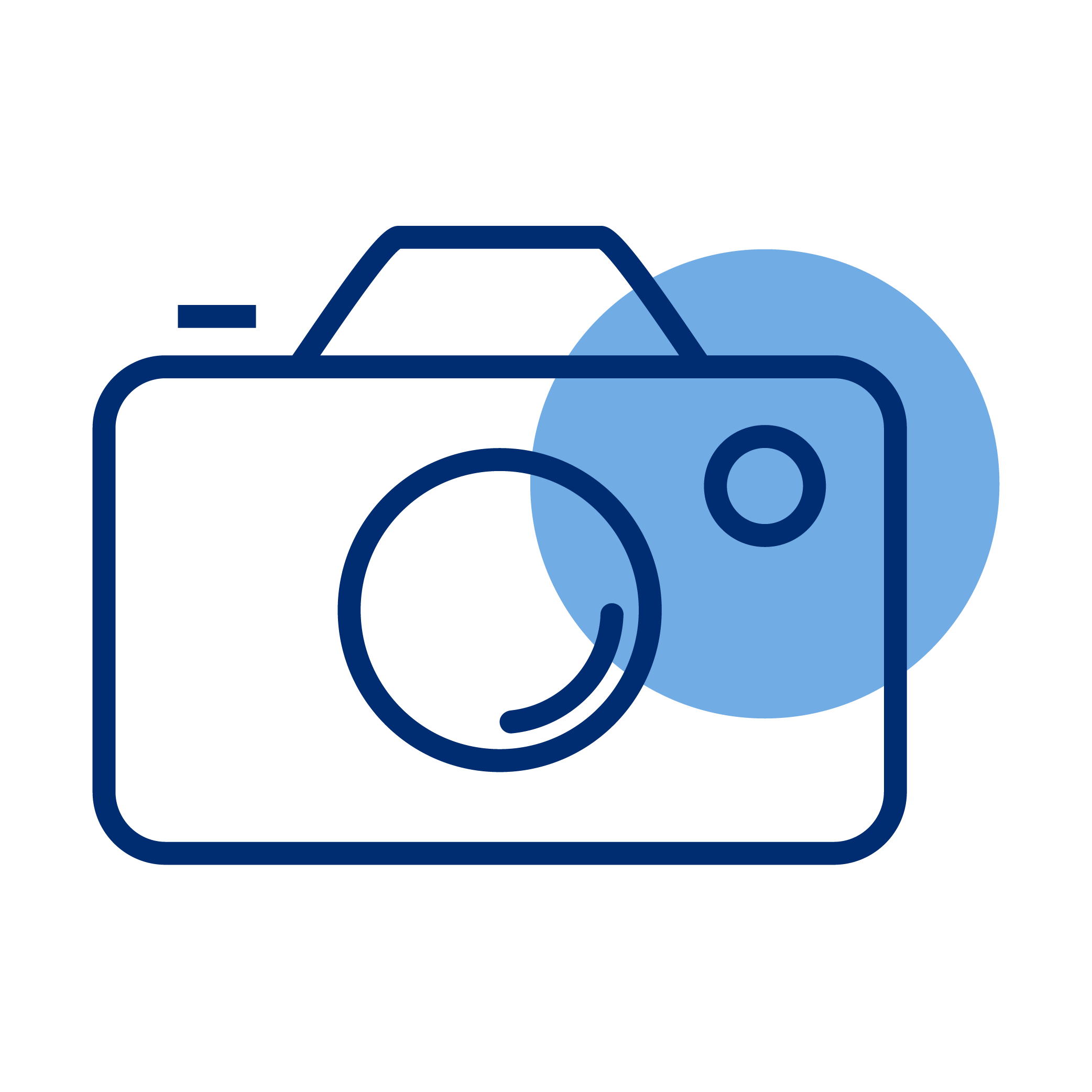 Icon of a camera with a circular lens, a viewfinder, and a blue circle in the background.