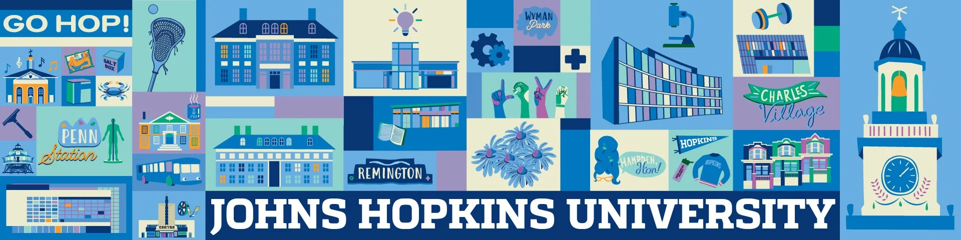 Illustrated collage of various buildings, landmarks, and symbols representing Johns Hopkins University and the local area, including a house, clock tower, library, and campus scenes with various signage and decorative elements.