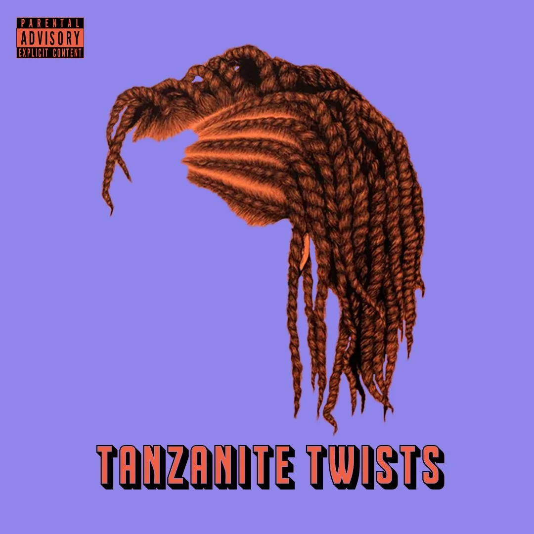 A digital illustration of braided hair against a purple background, labeled 'Tanzanite Twists' with a parental advisory label in the top left corner.