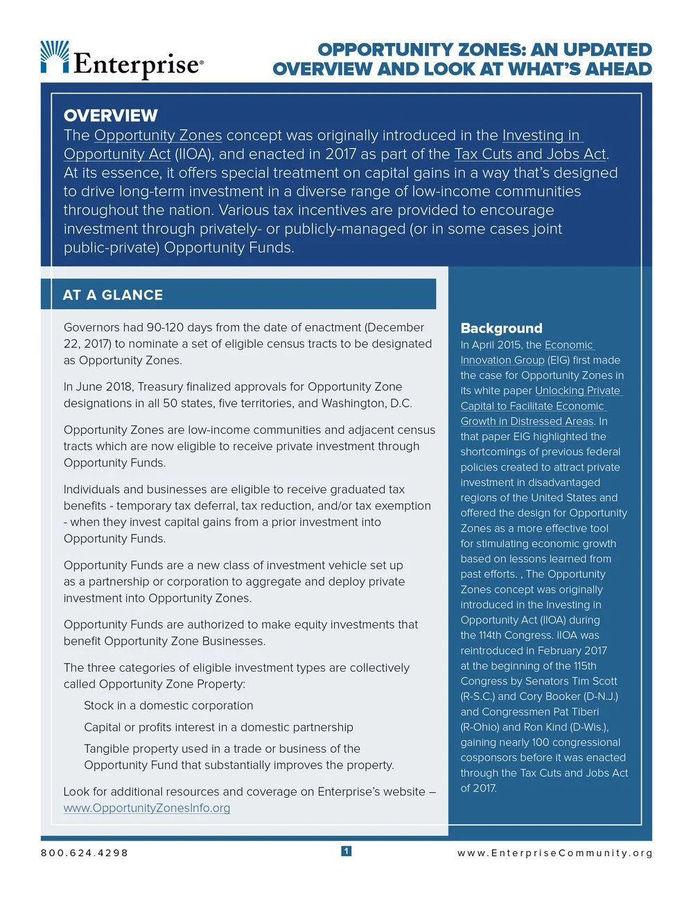 Informational document from Enterprise titled "Opportunity Zones: An Updated Overview and Look at What's Ahead" discussing Opportunity Zones, their background, benefits, and investment types, with headings and a blue and white color scheme.