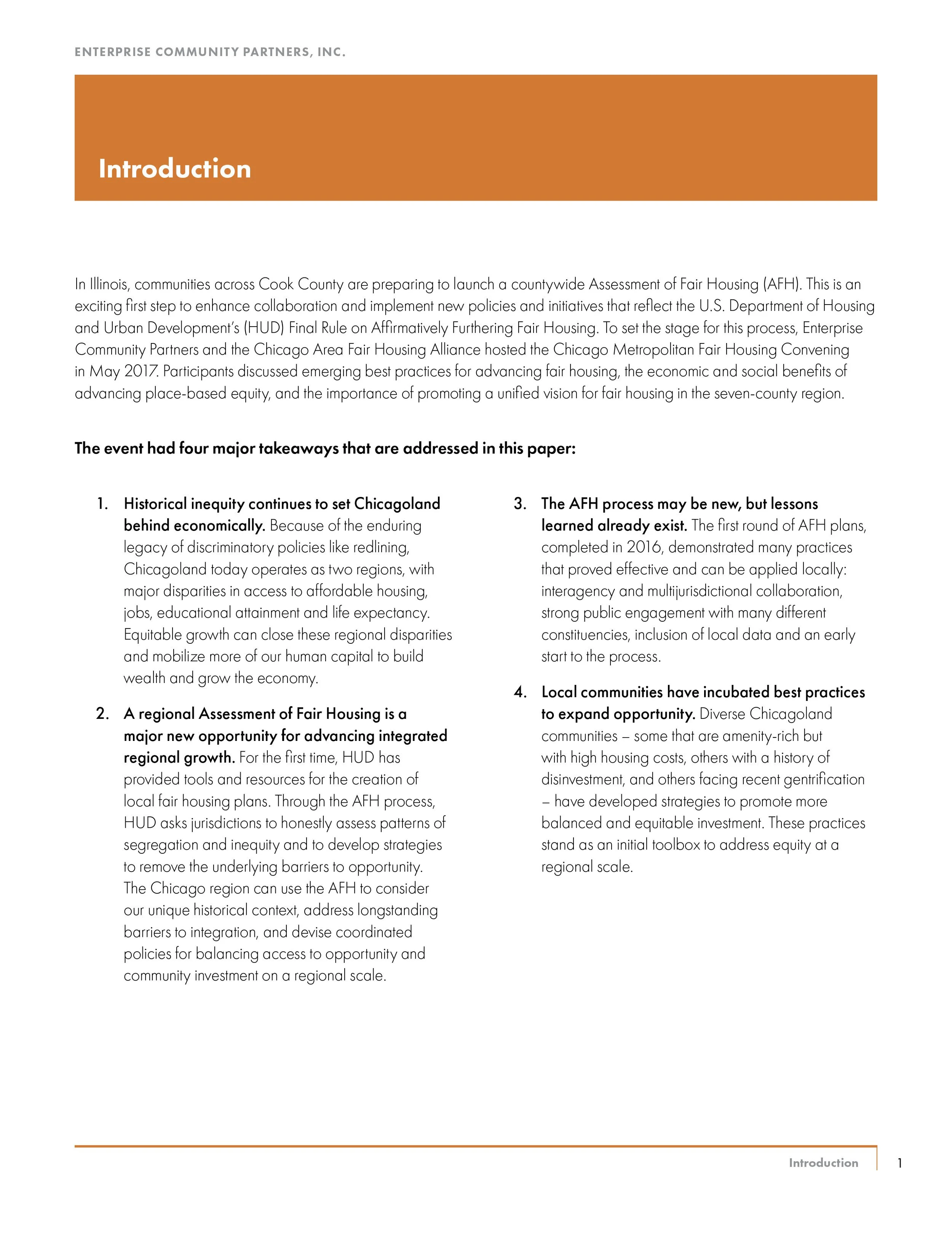 A page from a report with the heading 'Introduction'. The page discusses community partners in Illinois preparing for a fair housing assessment, highlighting four key takeaways about fair housing policies, equity, and local practices.