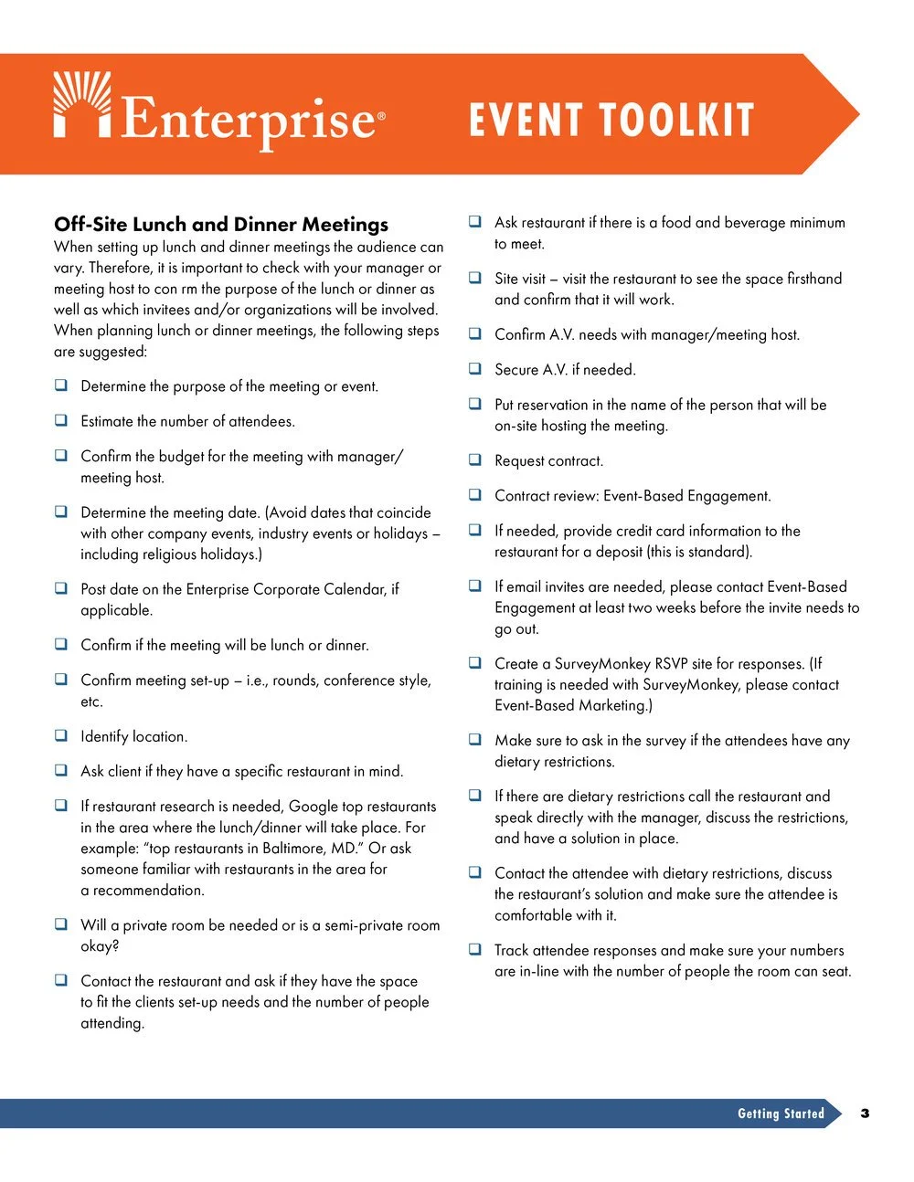 Page from a printed guide titled 'Enterprise Event Toolkit' with checklists for off-site lunch and dinner meetings, including steps like determining purpose, estimating attendees, confirming budget, and food and technology arrangements.