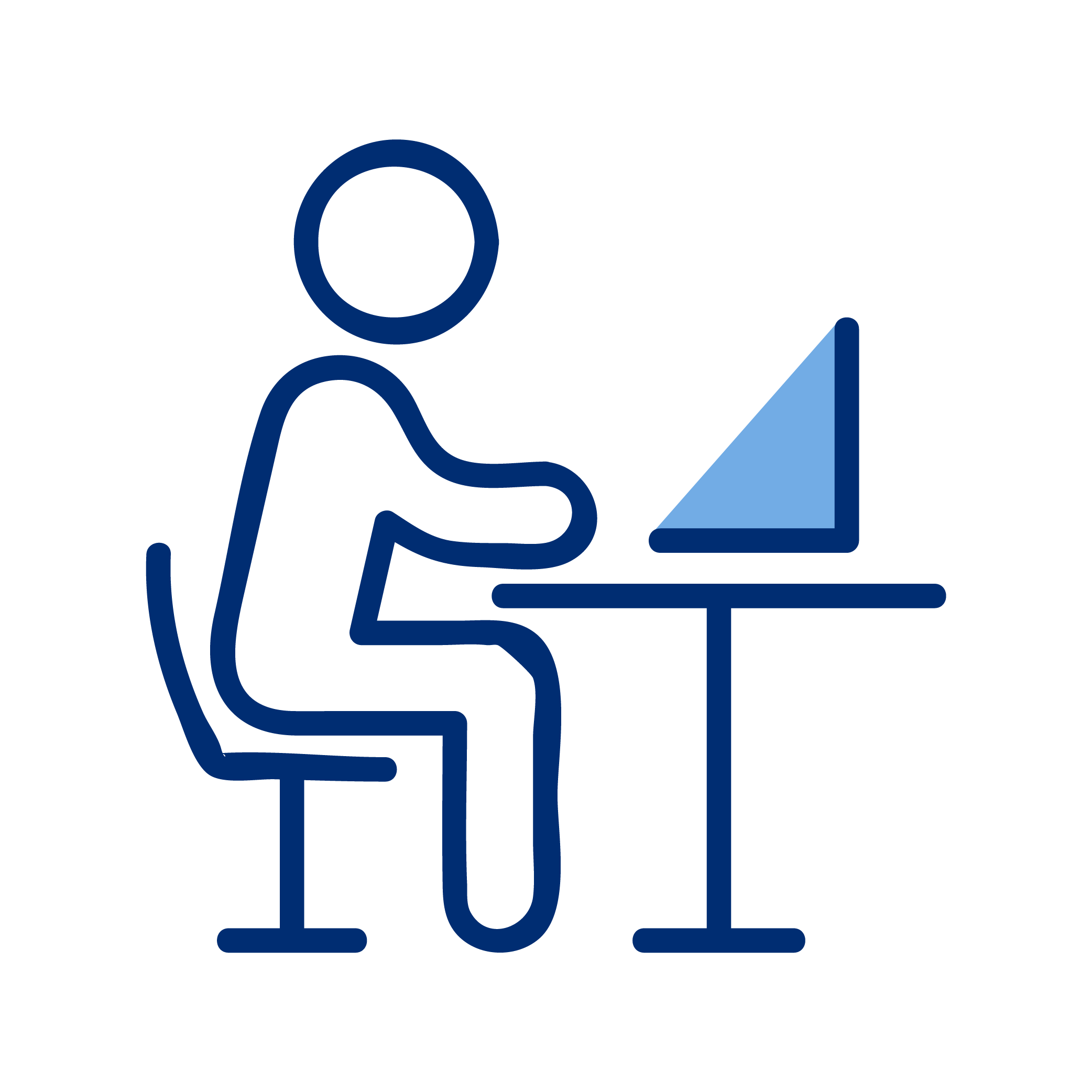 Outline illustration of a person sitting at a desk working on a laptop computer.