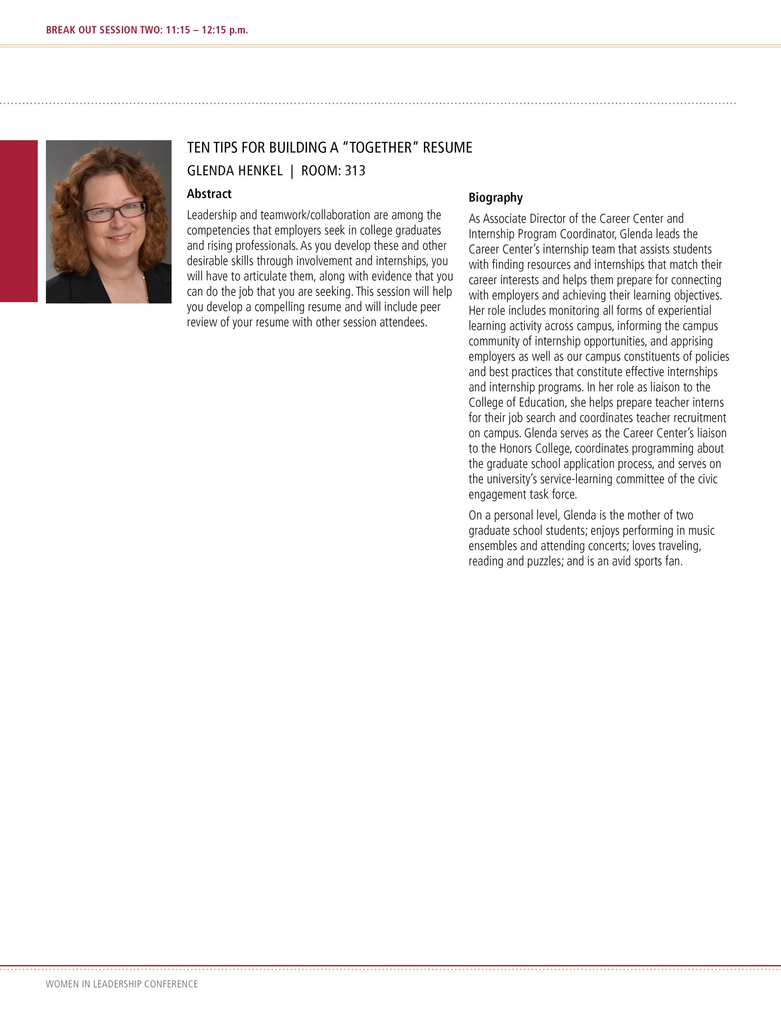 Conference presentation slide featuring a woman with curly hair, glasses, and a black blazer, alongside text detailing tips for building a resume and a biography of Glenda Henkel.