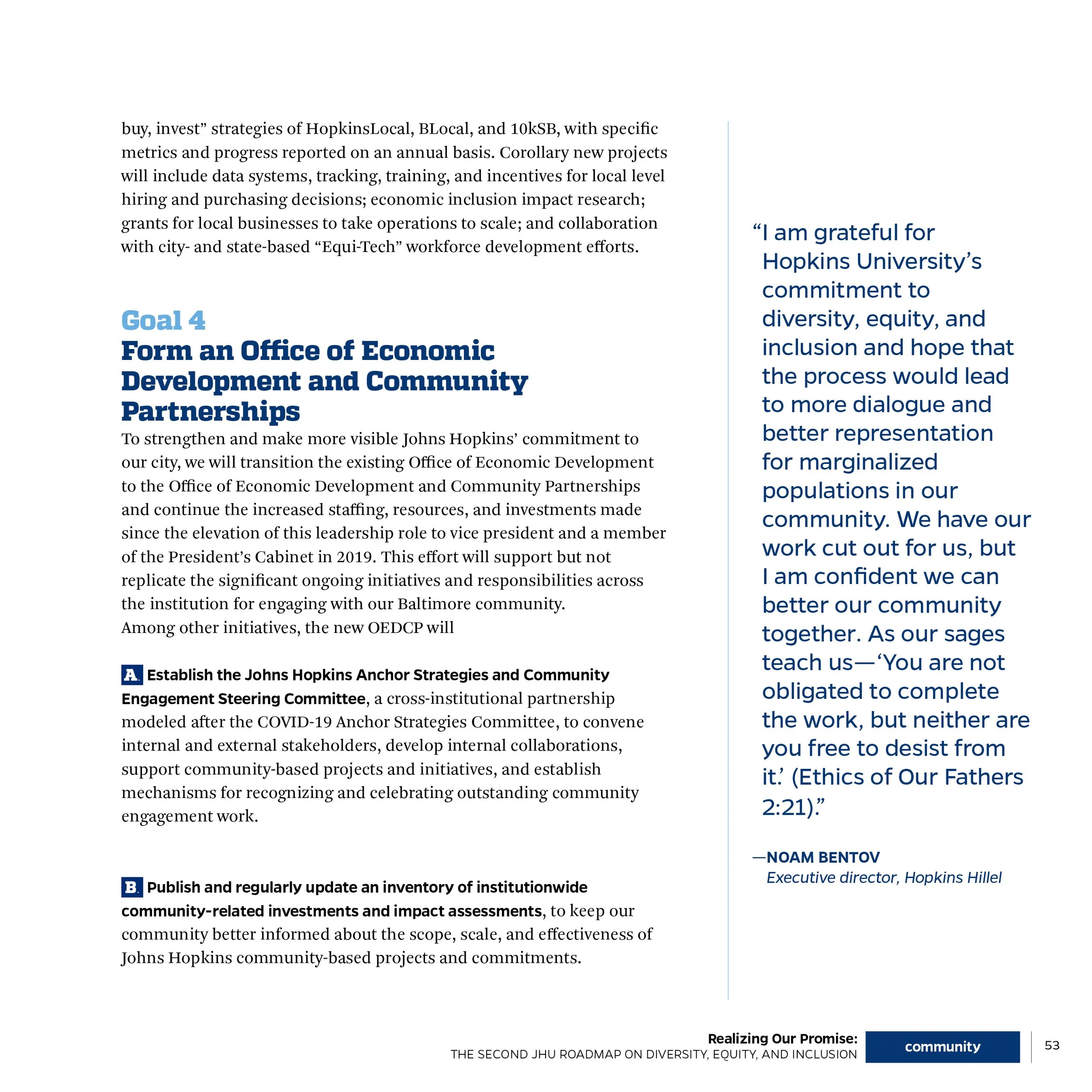 Page containing text from a document or report discussing Goal 4: forming economic development and community partnerships, including a quote from Noam Bentov about diversity, equity, and inclusion, with sections highlighted and a footer referencing J