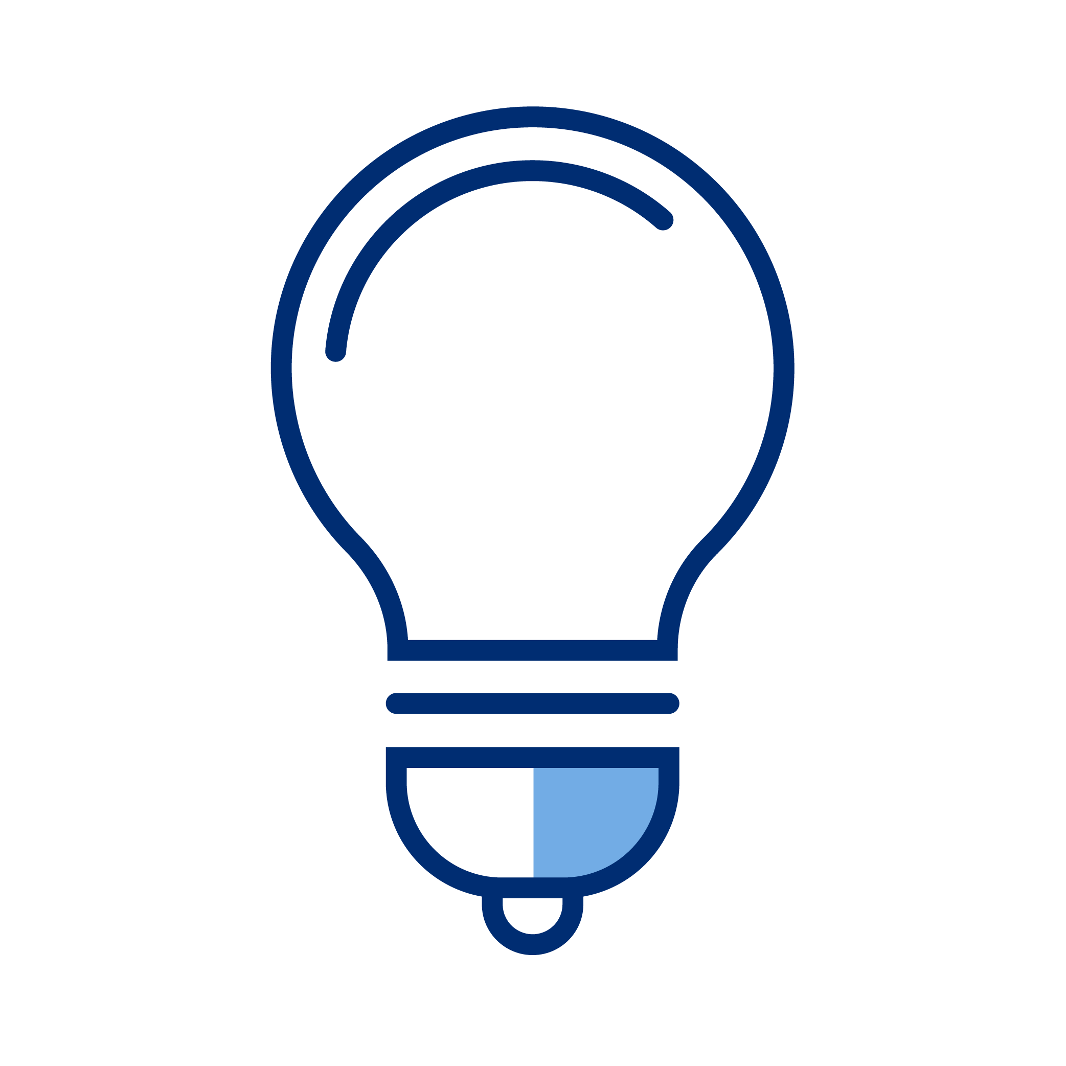 Outline of a light bulb with a design resembling a dollar sign inside, in dark blue with light blue accents.
