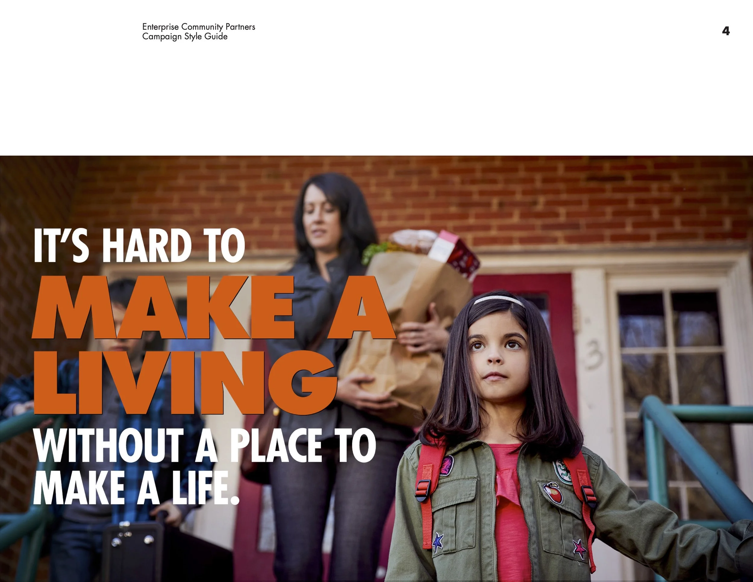 A group of children and adults outside a house, with one young girl in the foreground wearing a green jacket and red shirt, holding a door handle. An adult woman in the background holds a grocery bag. The image features overlaid text that reads, "It'