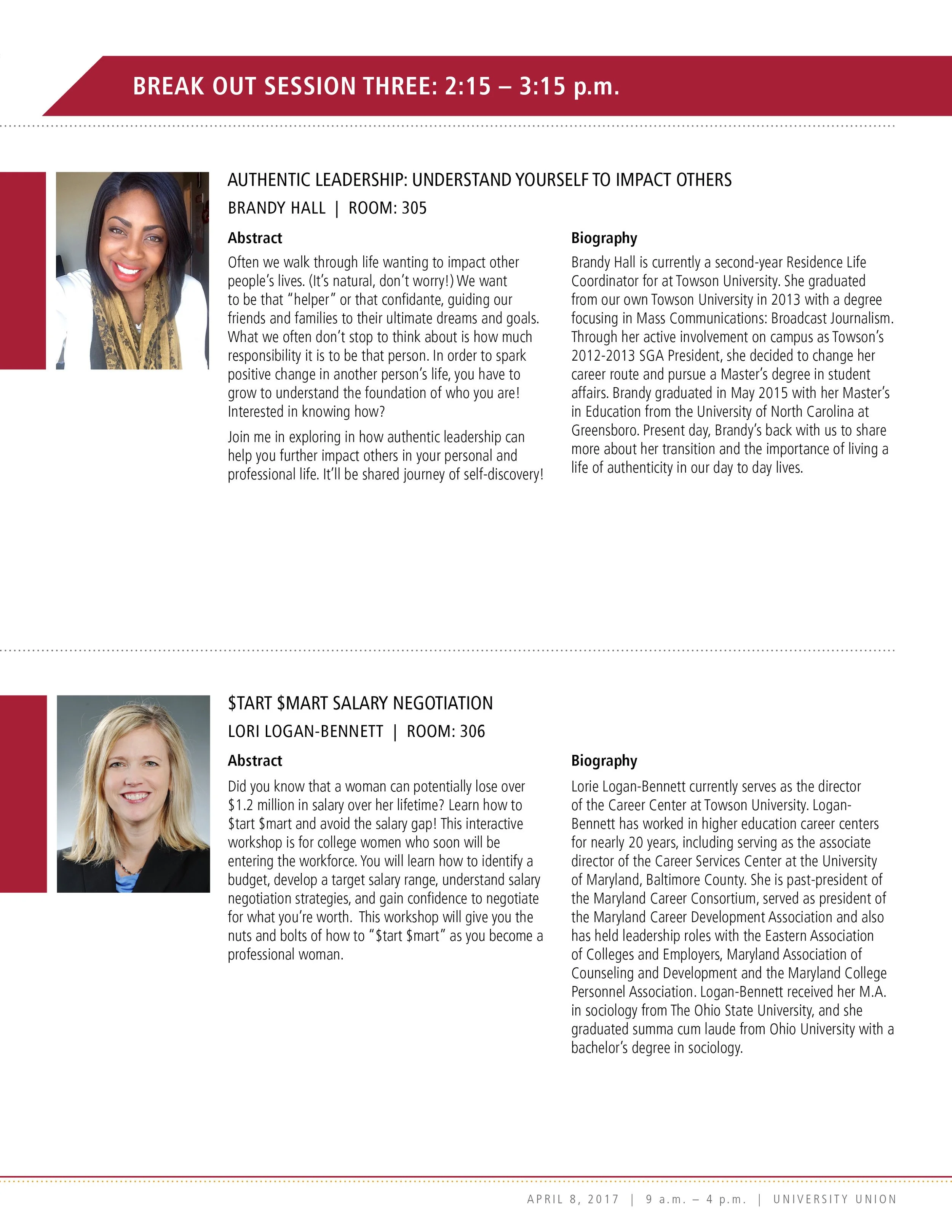 Schedule for breakout sessions at a conference, including sessions on authentic leadership and salary negotiation with speaker photos, session titles, times, room numbers, and speaker biographies.