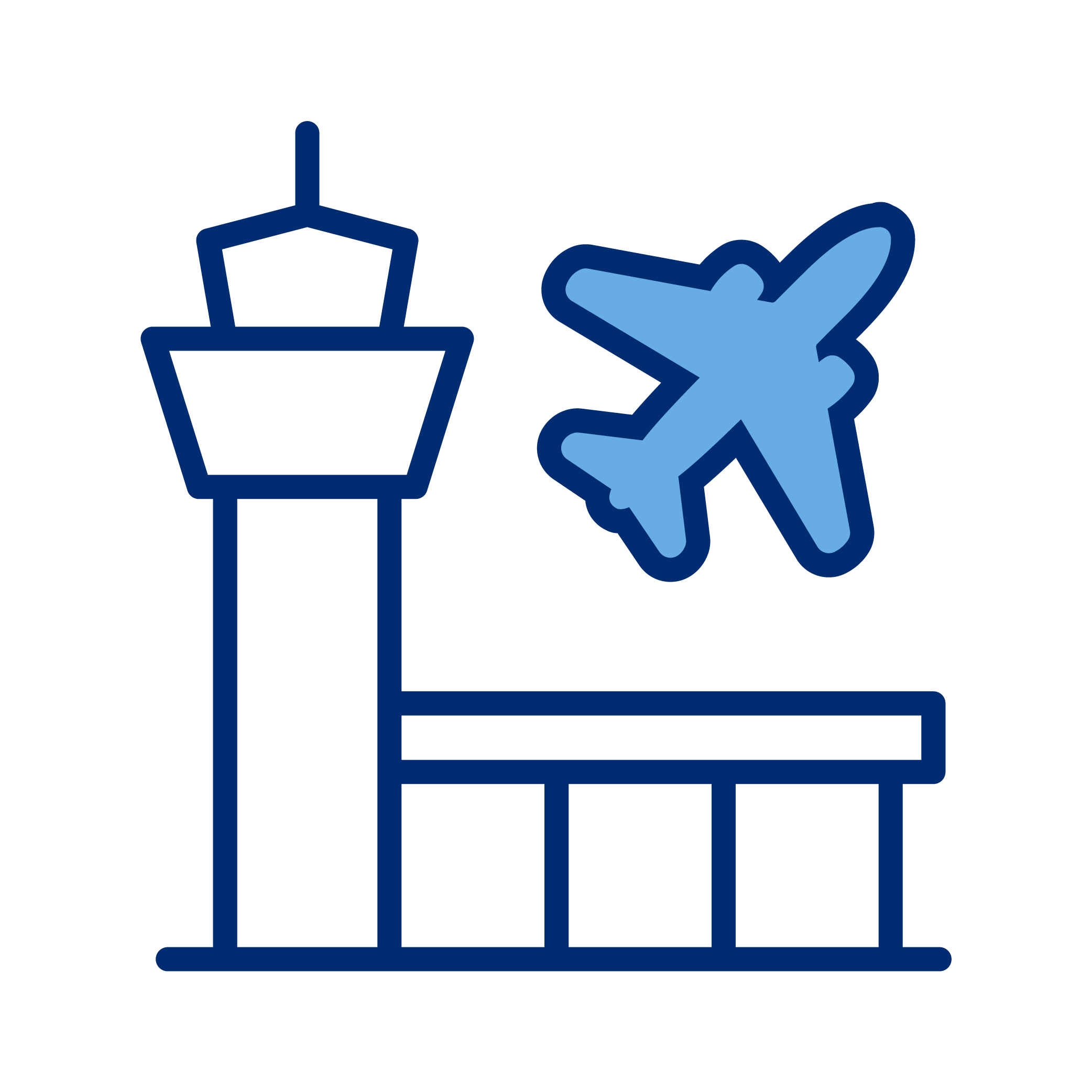 Icon of an airport control tower with a stylized airplane flying nearby.