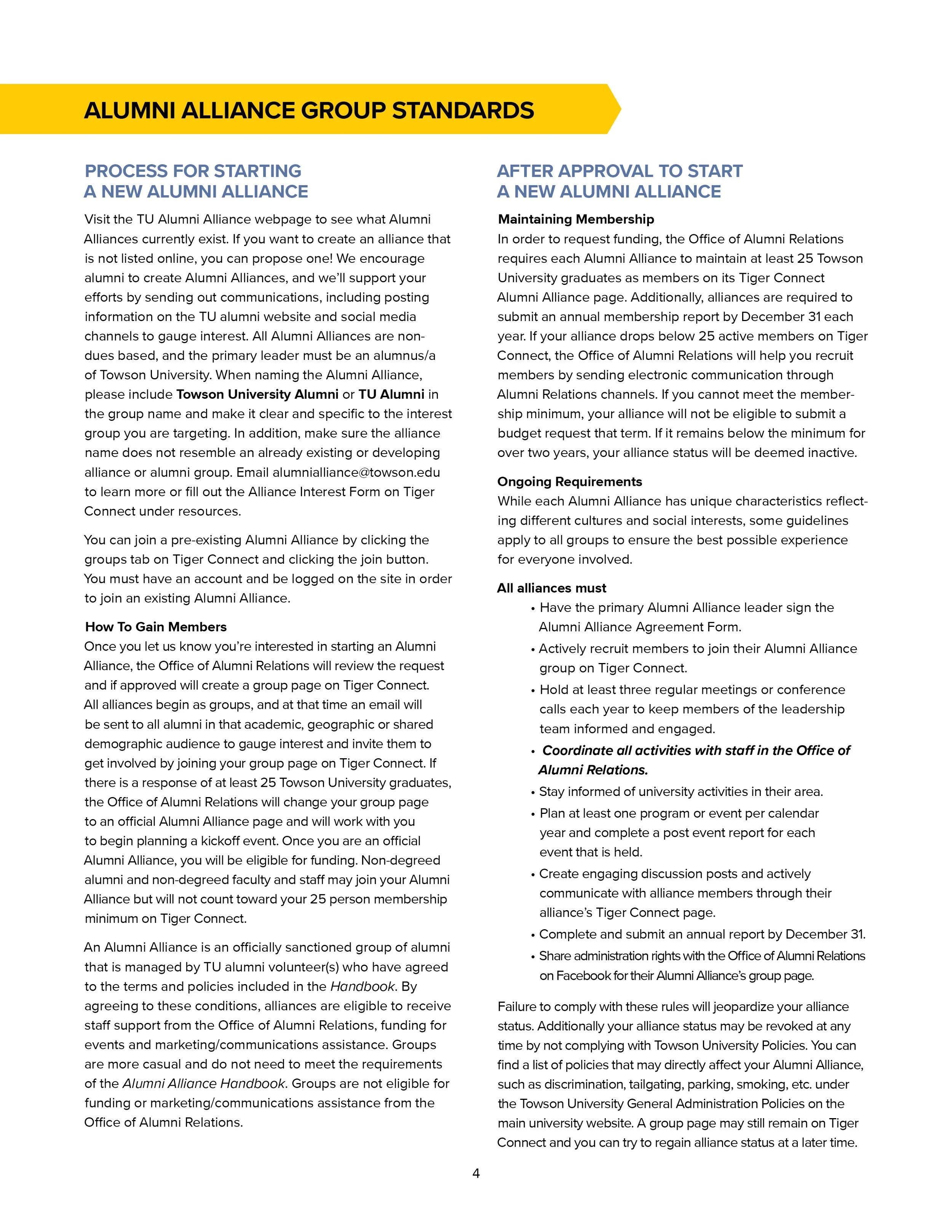Guidelines for creating and maintaining alumni alliances at Towson University, including processes for starting a new alumni alliance, approval steps, maintaining membership, requirements, and rules.