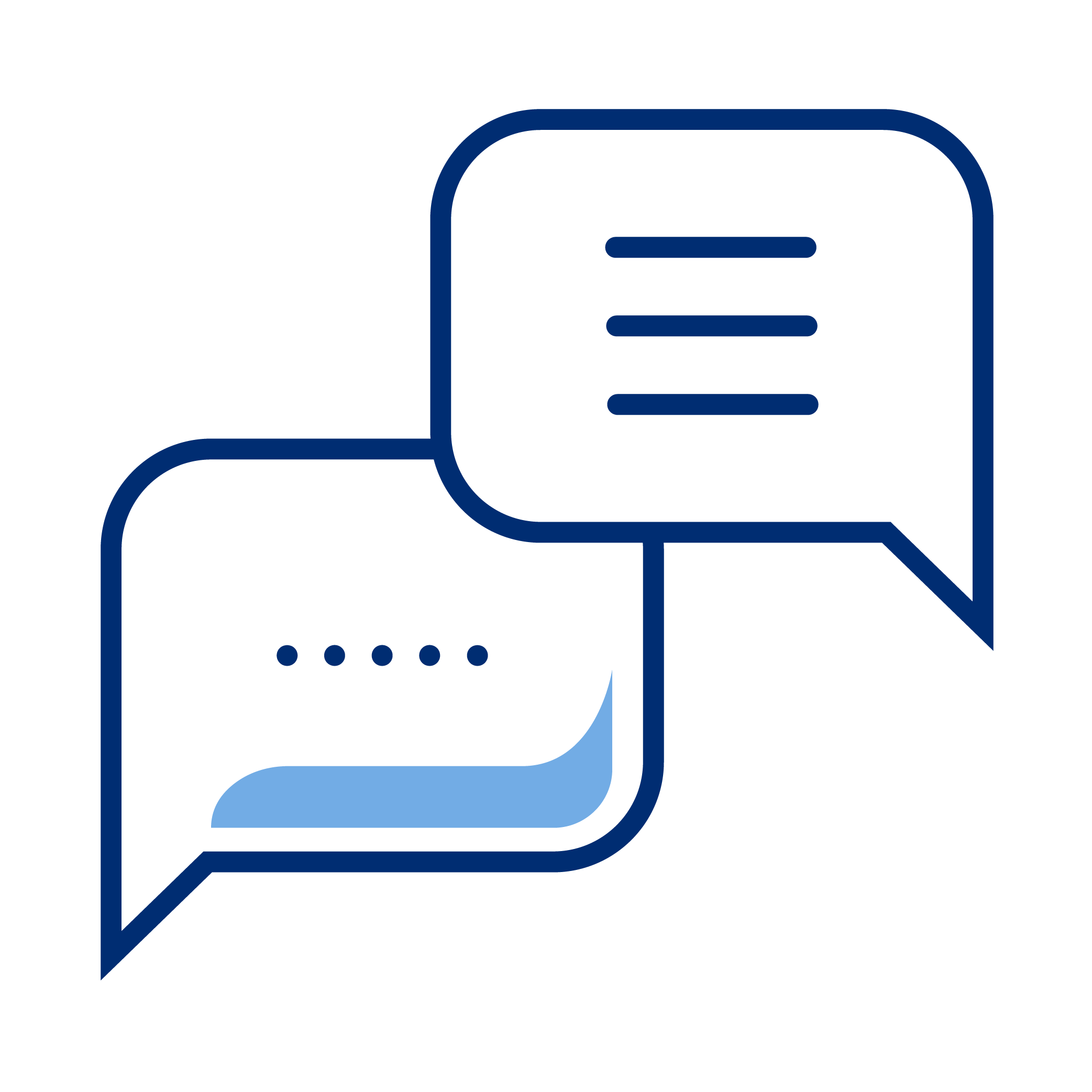 Two overlapping chat bubbles, one with three dots, representing conversation or messaging.