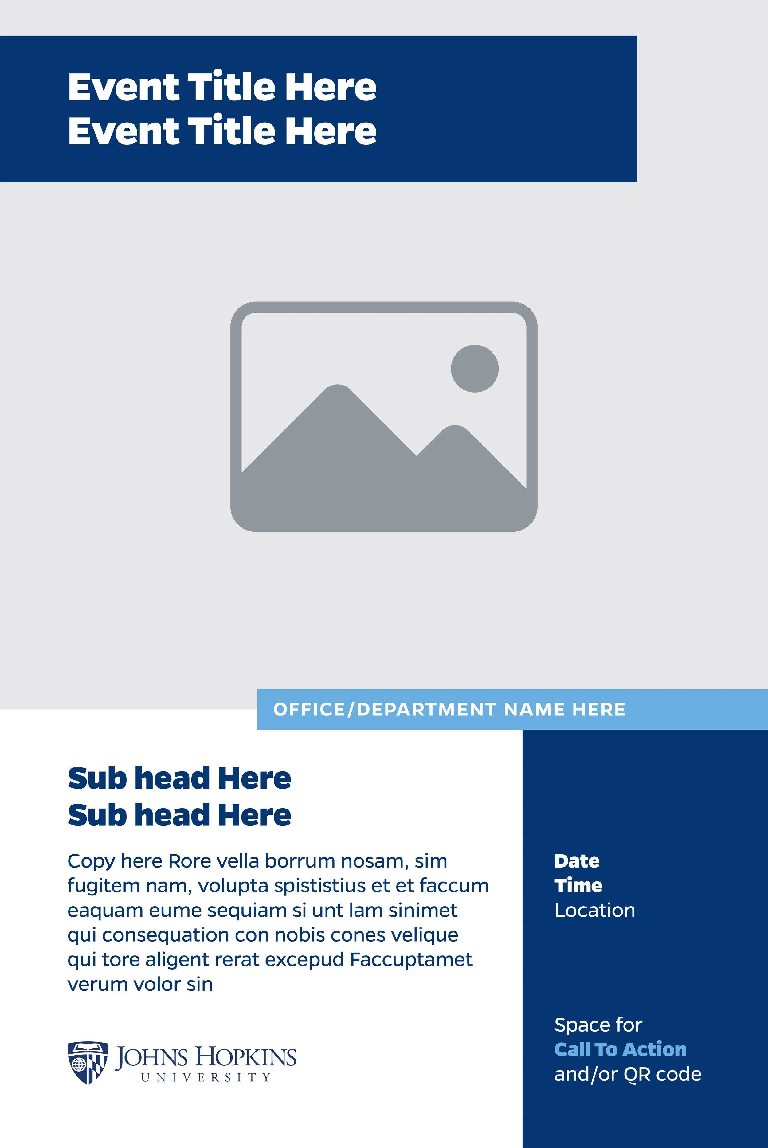 Event flyer template with placeholder text for event title, department, date, time, location, description, and call to action, featuring a mountain and sun image placeholder and John Hopkins University logo.