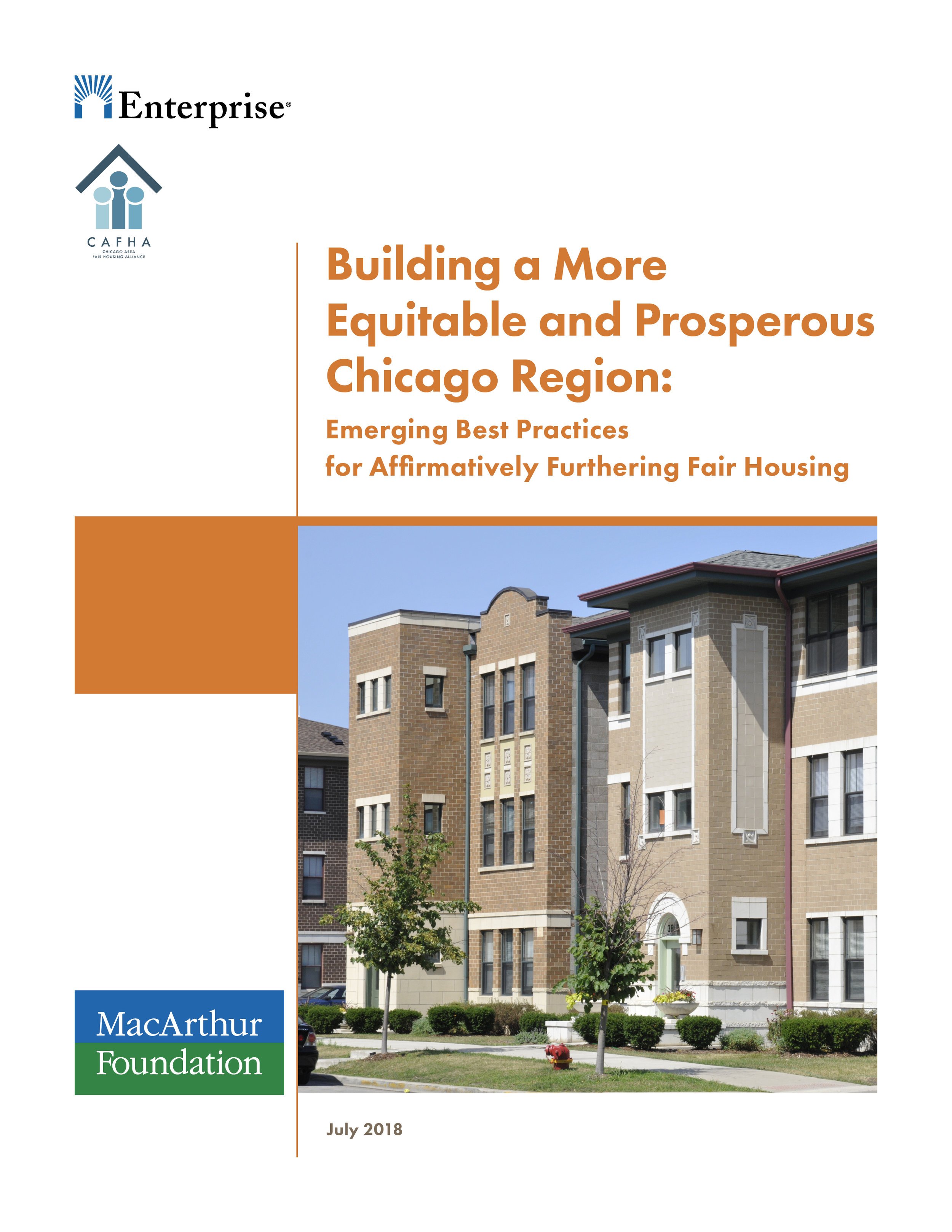 Cover of a report titled 'Building a More Equitable and Prosperous Chicago Region: Emerging Best Practices for Affirmatively Furthing Fair Housing' with a photograph of a multi-story residential building and surrounding trees.