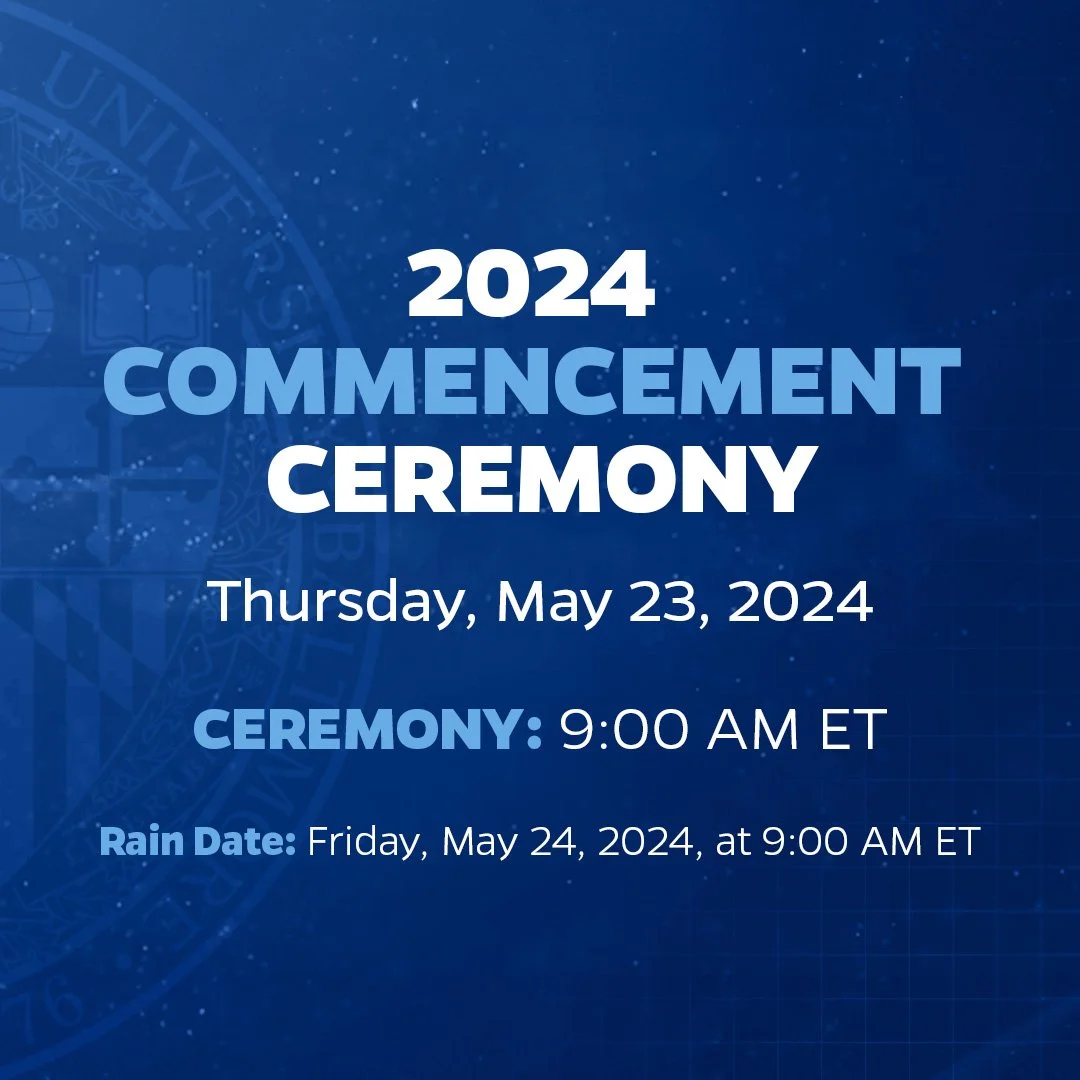 Blue background with white and blue text announcing the 2024 commencement ceremony on Thursday, May 23, 2024, at 9:00 AM ET, with a rain date on Friday, May 24, 2024, at 9:00 AM ET.