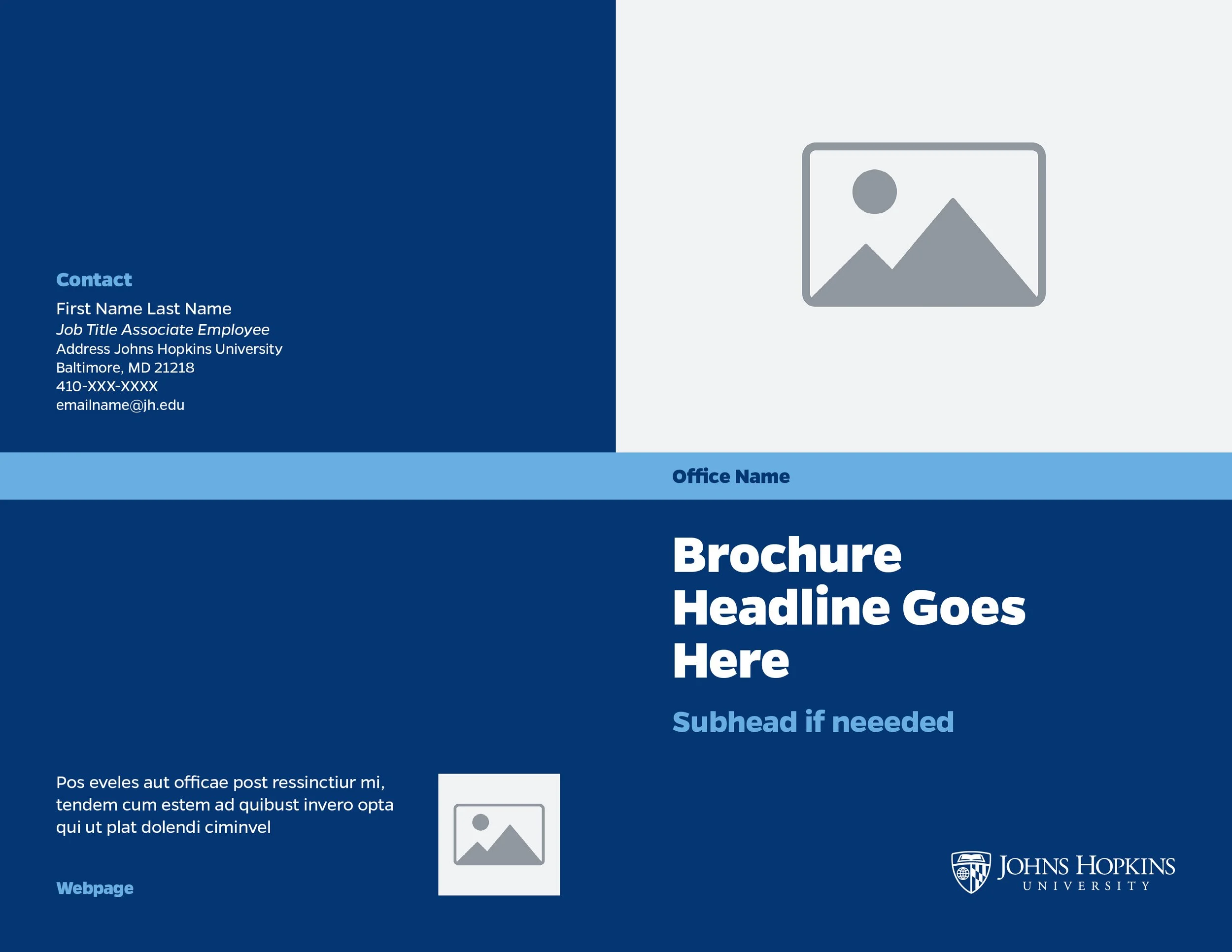 A professional brochure template featuring blue and gray sections, placeholder text for contact information, a large headline, subhead, and the Johns Hopkins University logo.
