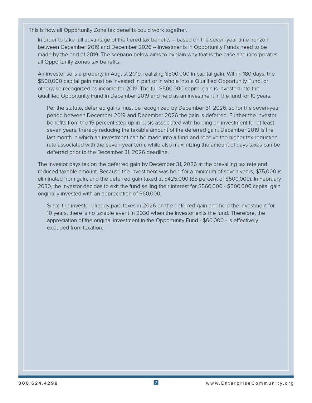 Page of a document explaining Opportunity Zone tax benefits, capital gains, and investment strategies, with a light blue background and footer containing contact information and a website.