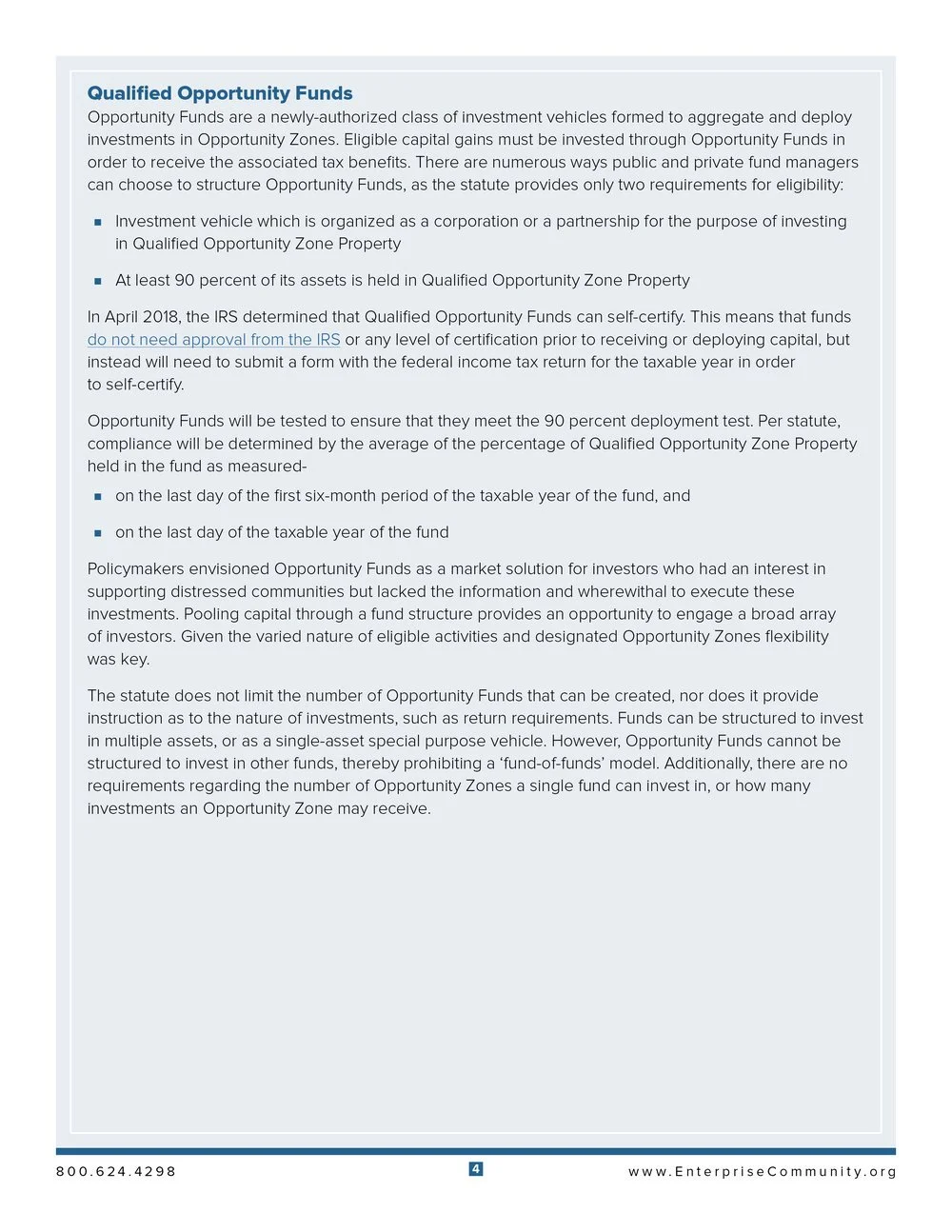 Information about Qualified Opportunity Funds, including eligibility, self-certification process, deposit requirements, and investment guidelines.
