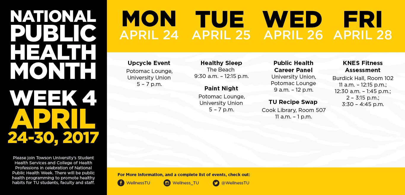 Schedule of events for National Public Health Week at Towson University, April 24-30, 2017, including events like Upcycle Event, Healthy Sleep, Paint Night, Public Health Career Panel, TU Recipe Swap, and assessments for KNES Fitness.