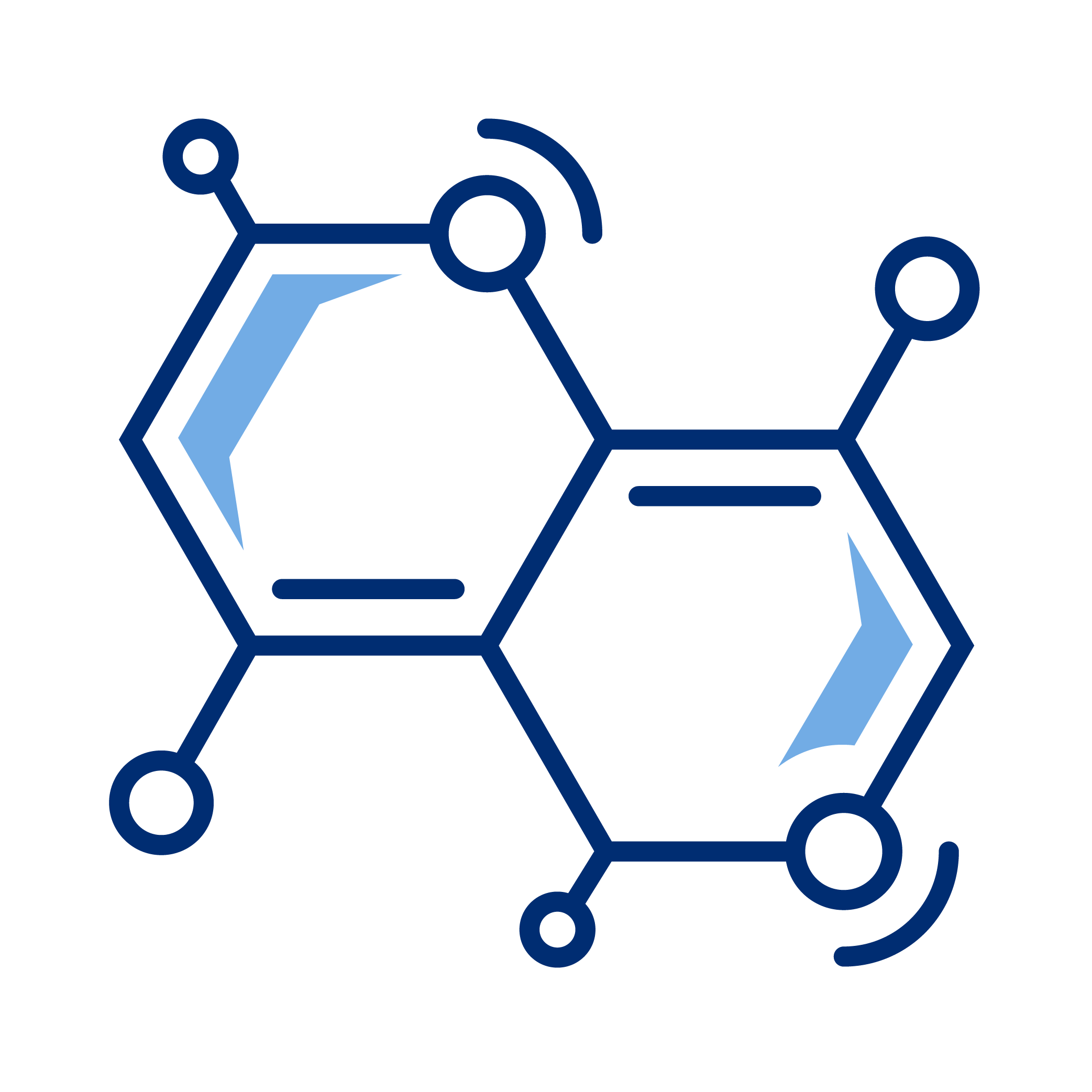 Illustration of a chemical structure with interconnected hexagonal and circular shapes in dark and light blue colors.
