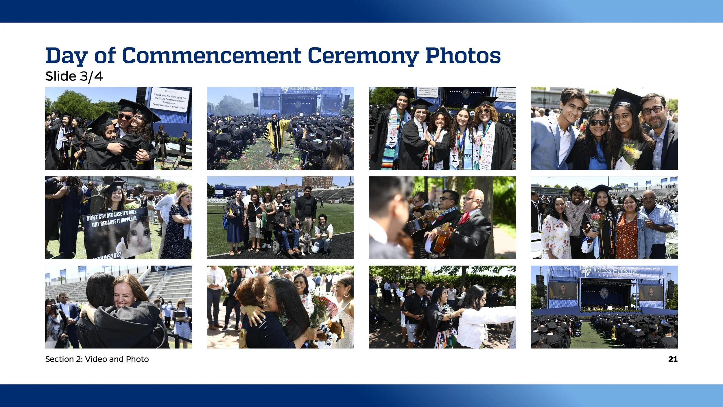Photos from a graduation ceremony at Johns Hopkins University, showing students in caps and gowns celebrating, receiving diplomas, hugging, and taking pictures, with a stage and seated audience in the background.
