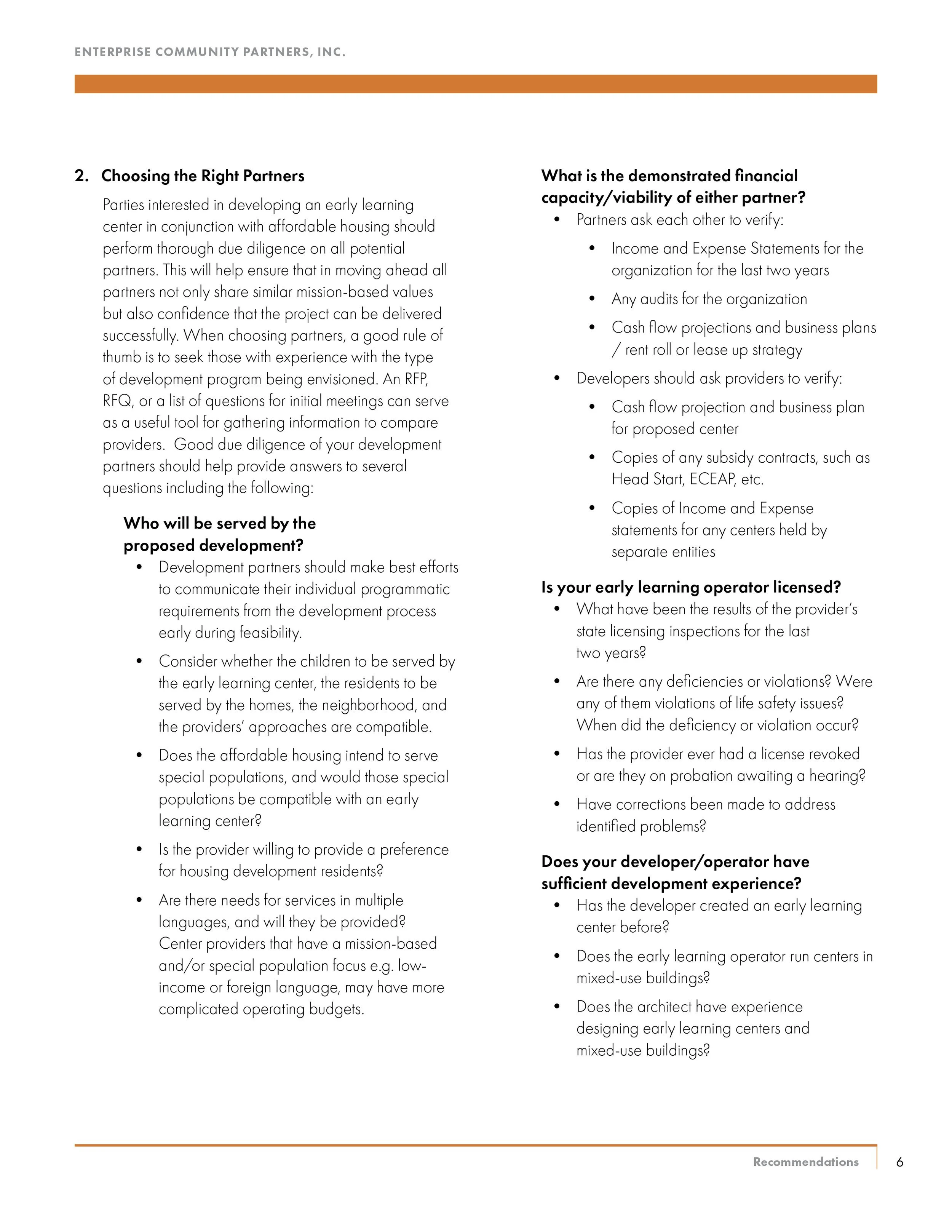 Page from a document titled 'Choosing the Right Partners' with tips on selecting development partners, verifying financial capacity, licensing, and experience in early childhood learning centers.